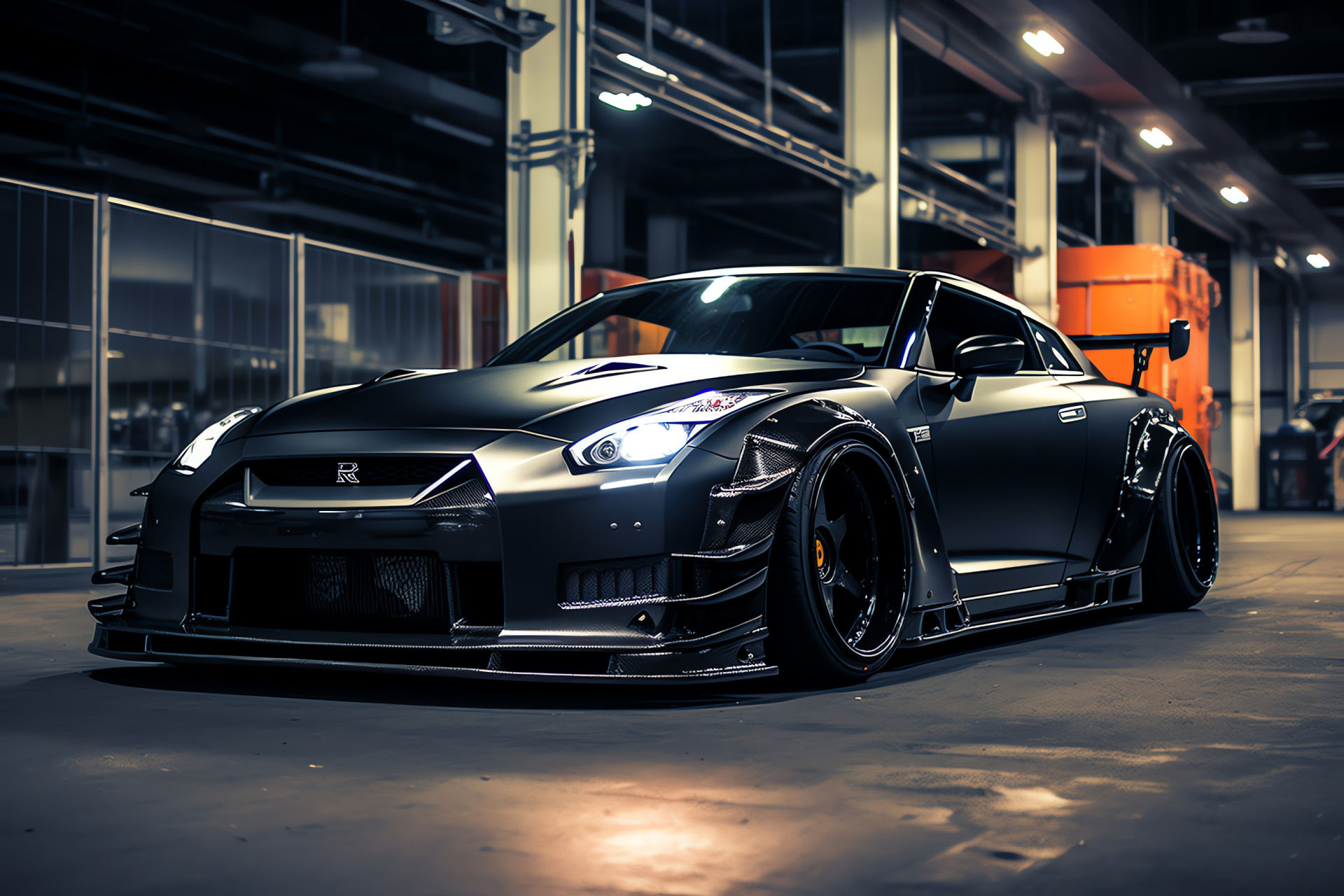 Nissan GTR R35 variant, Liberty Walk custom, future city concept, extended wheel arches, unique bodywork, HD Desktop Wallpaper