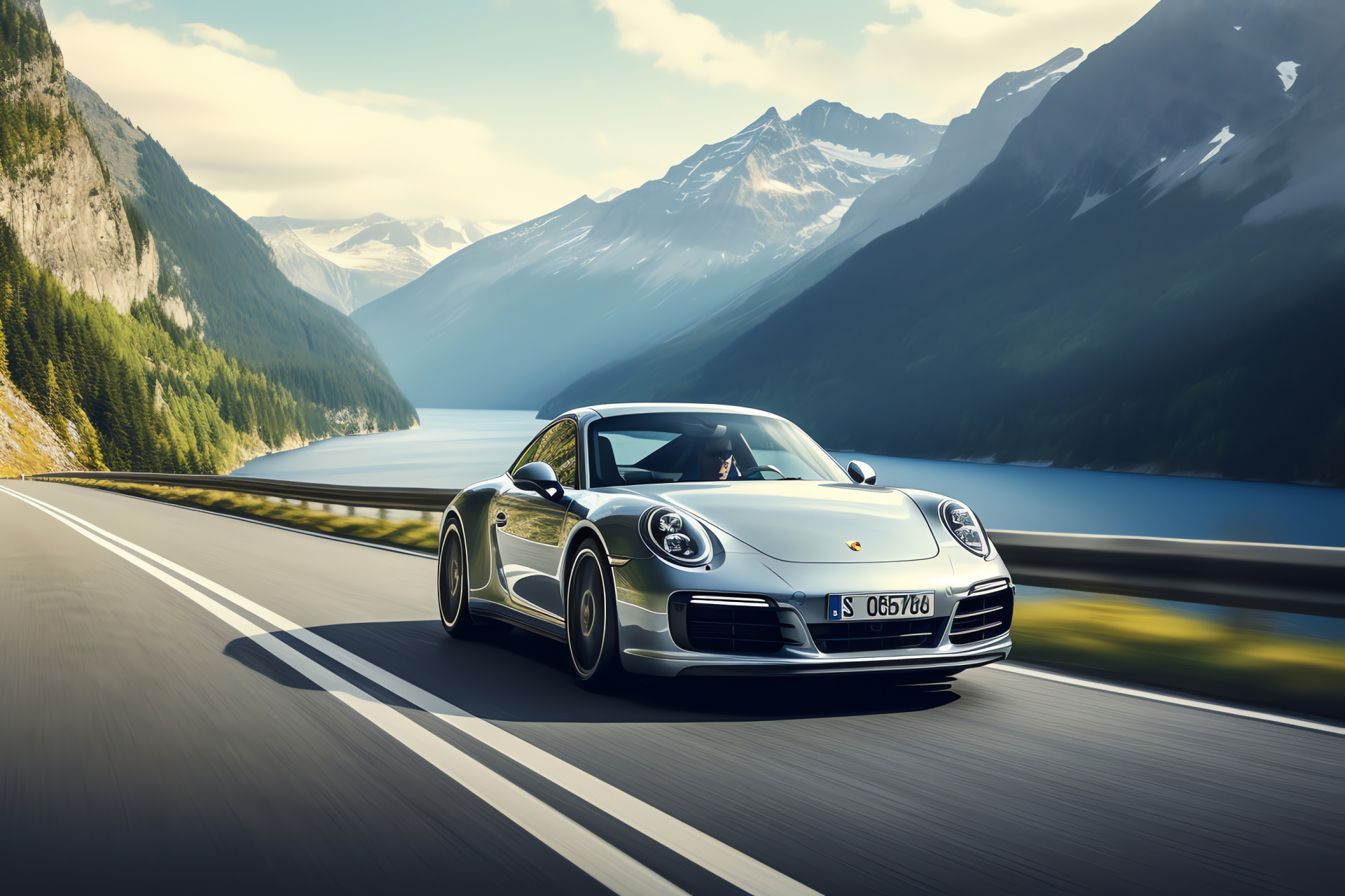 Porsche 911 Turbo S, Alpine scenery, Luxury sports coupe, Silver finish, Mountain roads, HD Desktop Image