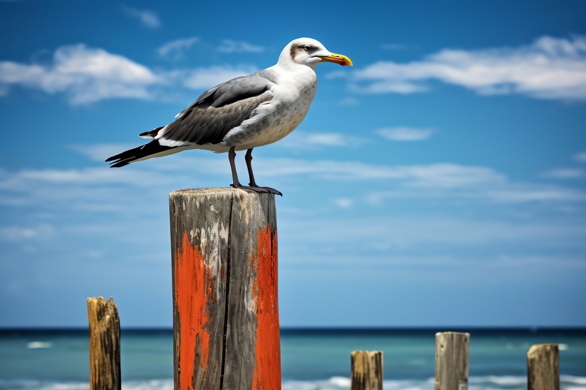Seagull bird, marine habitat, avian standing post, feathered wildlife, monochrome plumage, HD Desktop Image