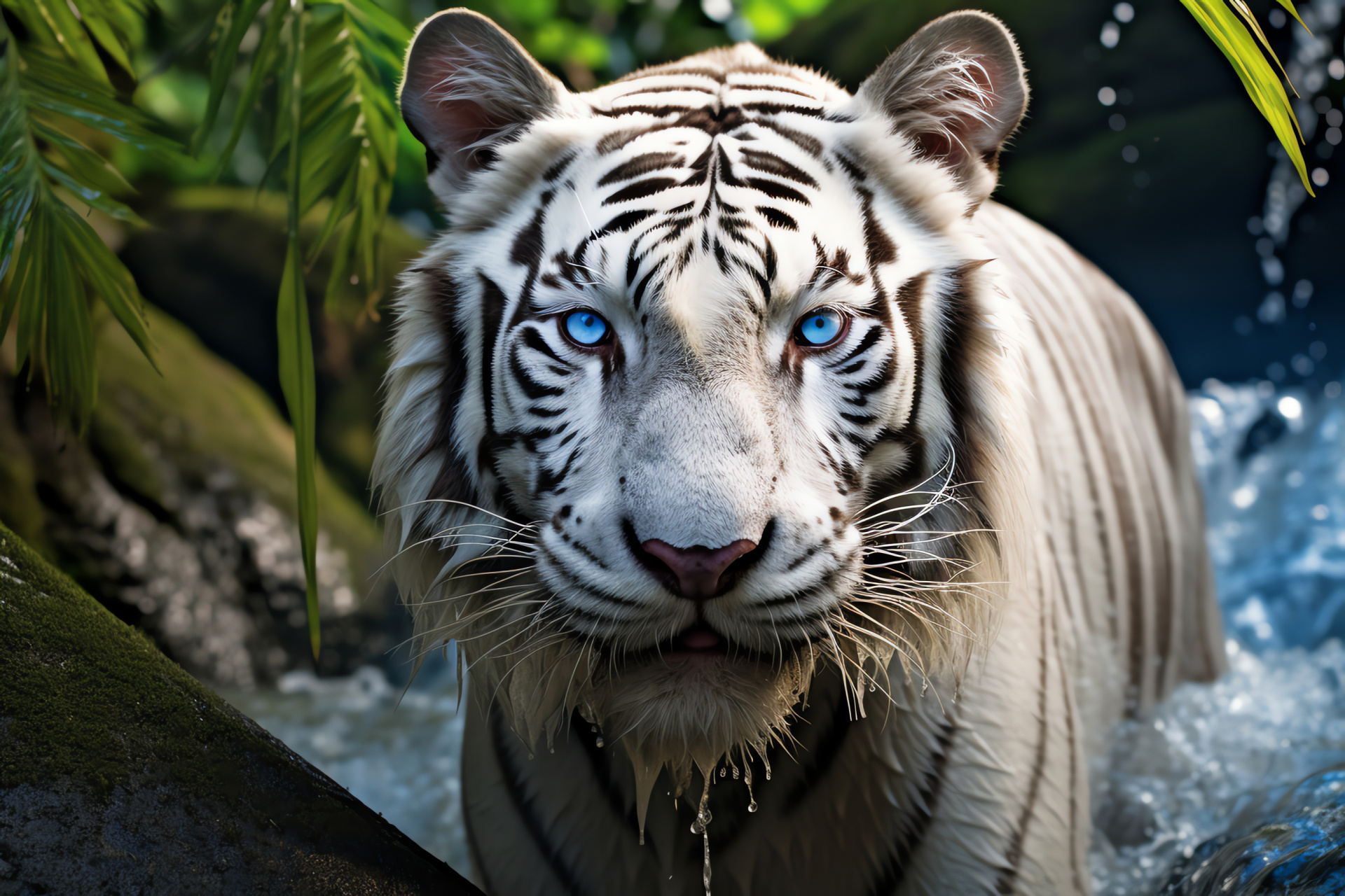 Aquamarine-eyed Big Cat, Cascading Whiskers, Alabaster Predator, Dew-kissed Coat, Water Element, HD Desktop Image