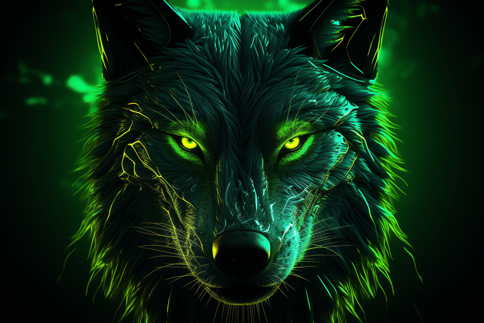 Wolf with vibrant fur, electrifying colors, dynamic visual, glowing backdrop, wild regality, HD Desktop Image