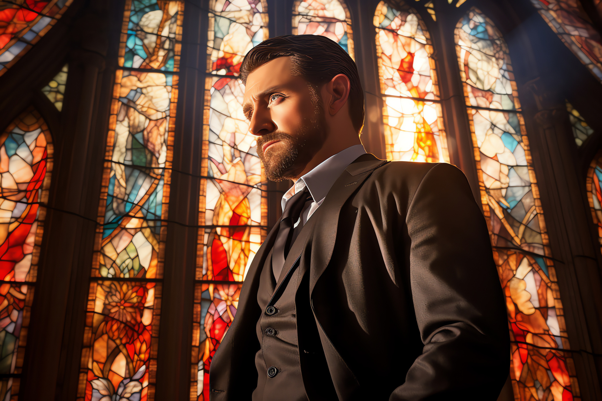 Richard Armitage capture, Filmdom stature, Grandiose backdrop, Gothic architecture, Luminous panes, HD Desktop Image