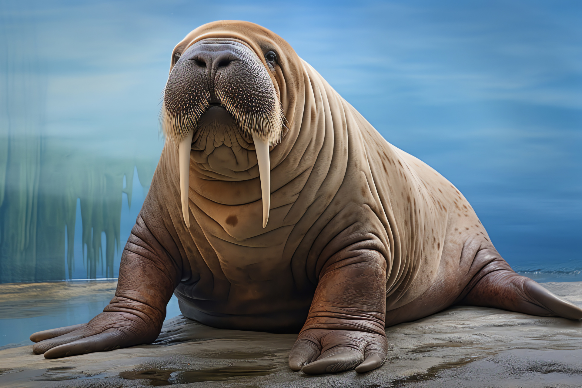 Walrus with tusks, Arctic mammal, silver-gray pelt, deep blue sea backdrop, charismatic marine life, HD Desktop Image