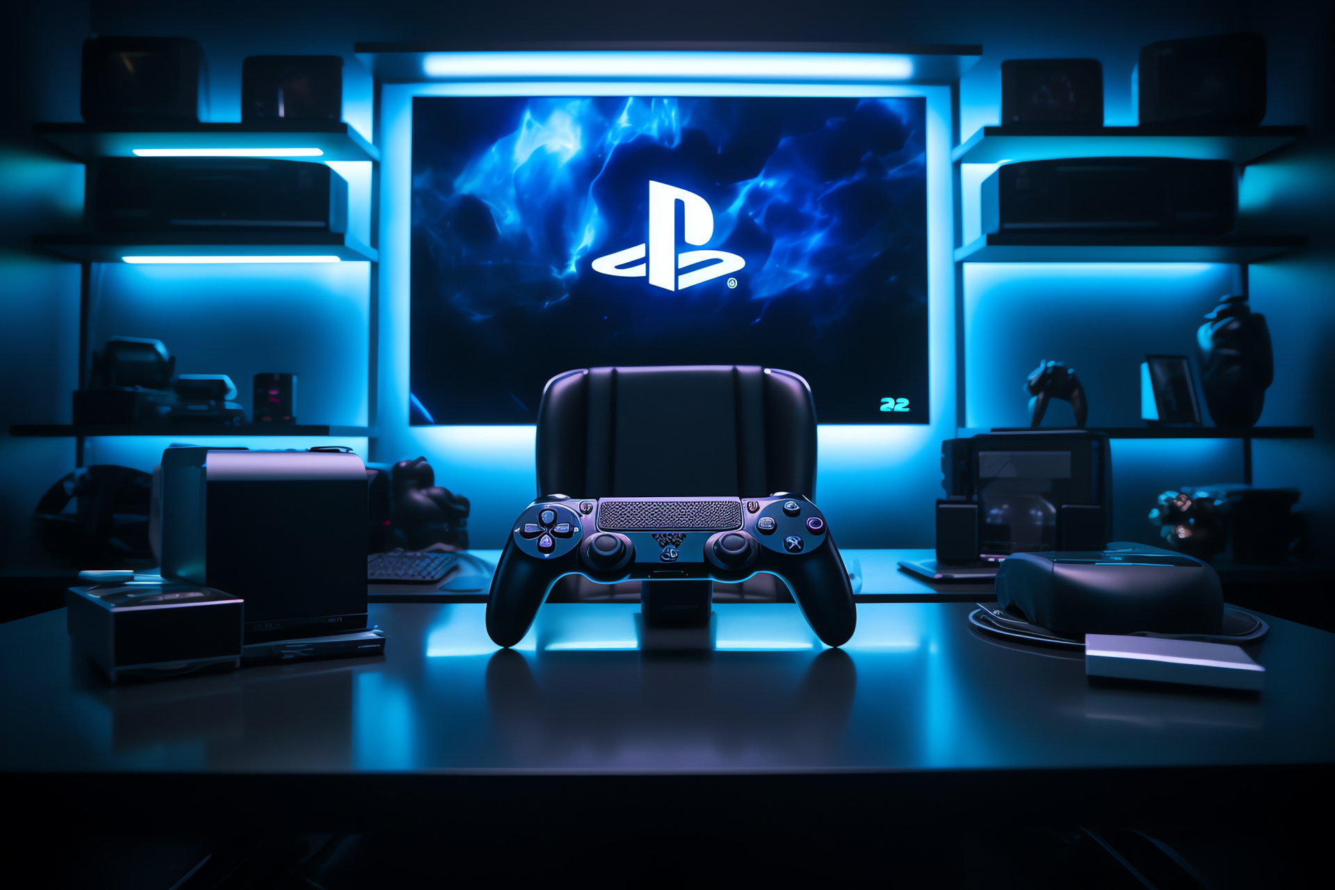 Home entertainment scene, PS4 icon, Television display, Bold typography, Monochrome setting, HD Desktop Wallpaper