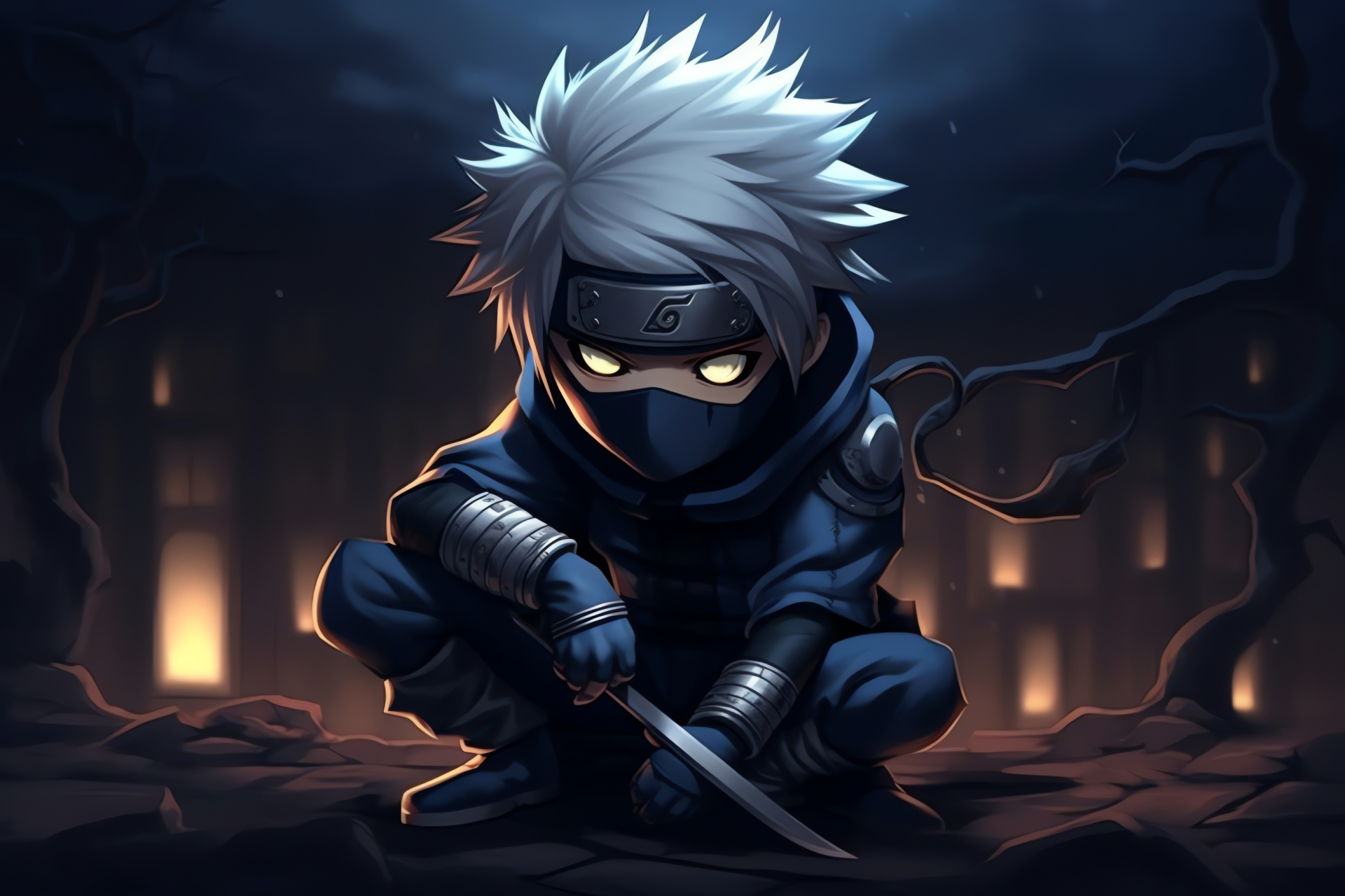 Chibi Kakashi, Strategic combat, Swift Raikiri, Nocturnal setting, Shimmering katana, HD Desktop Wallpaper