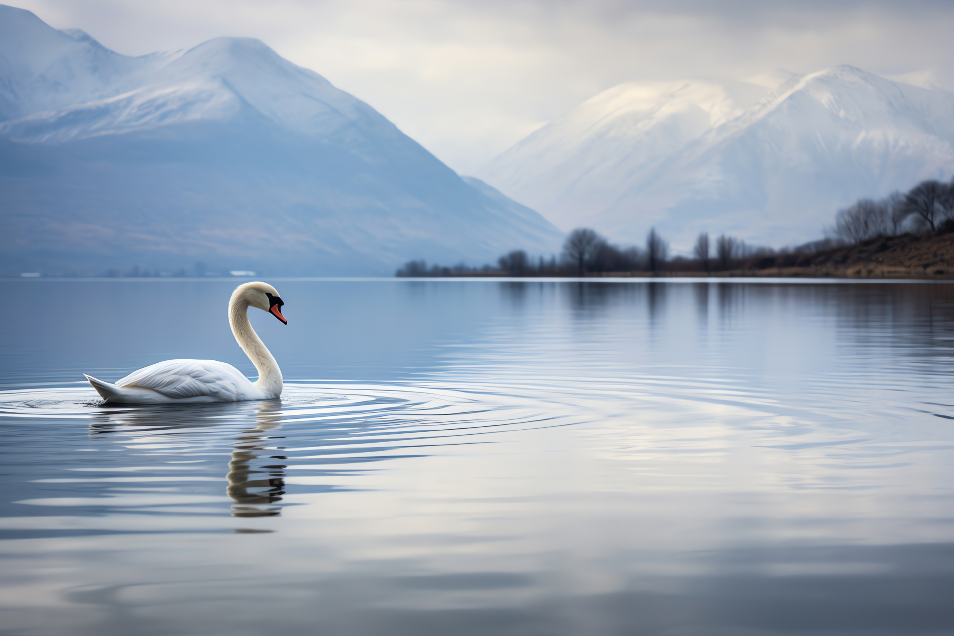 Swan grace, White waterbird, Elegance in nature, Serene waterfront, Solo swimmer, HD Desktop Wallpaper