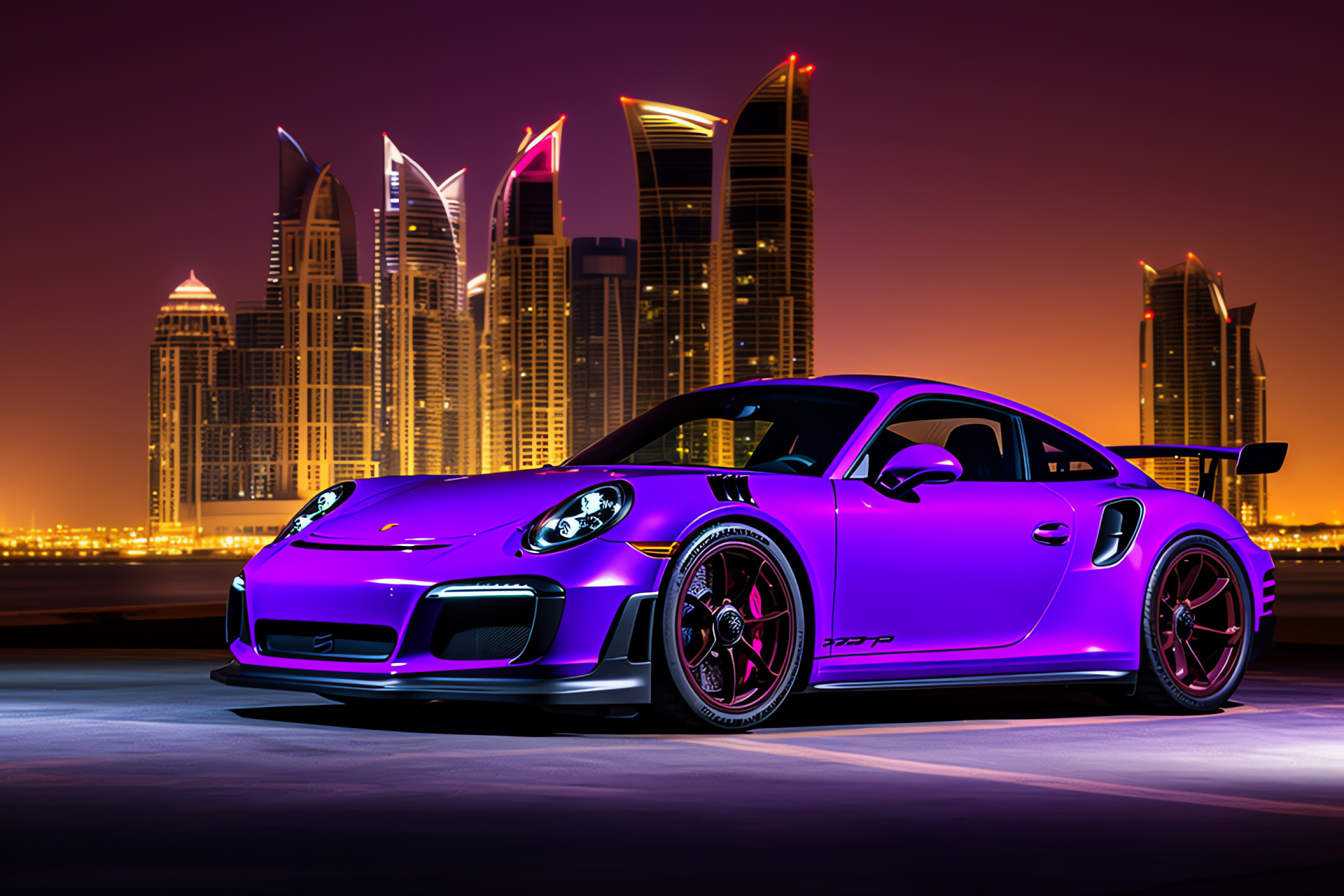 Porsche 911 GT3 RS, Dubai modernity, Sky-piercing buildings, Car against cityscape, United Arab Emirates view, HD Desktop Wallpaper