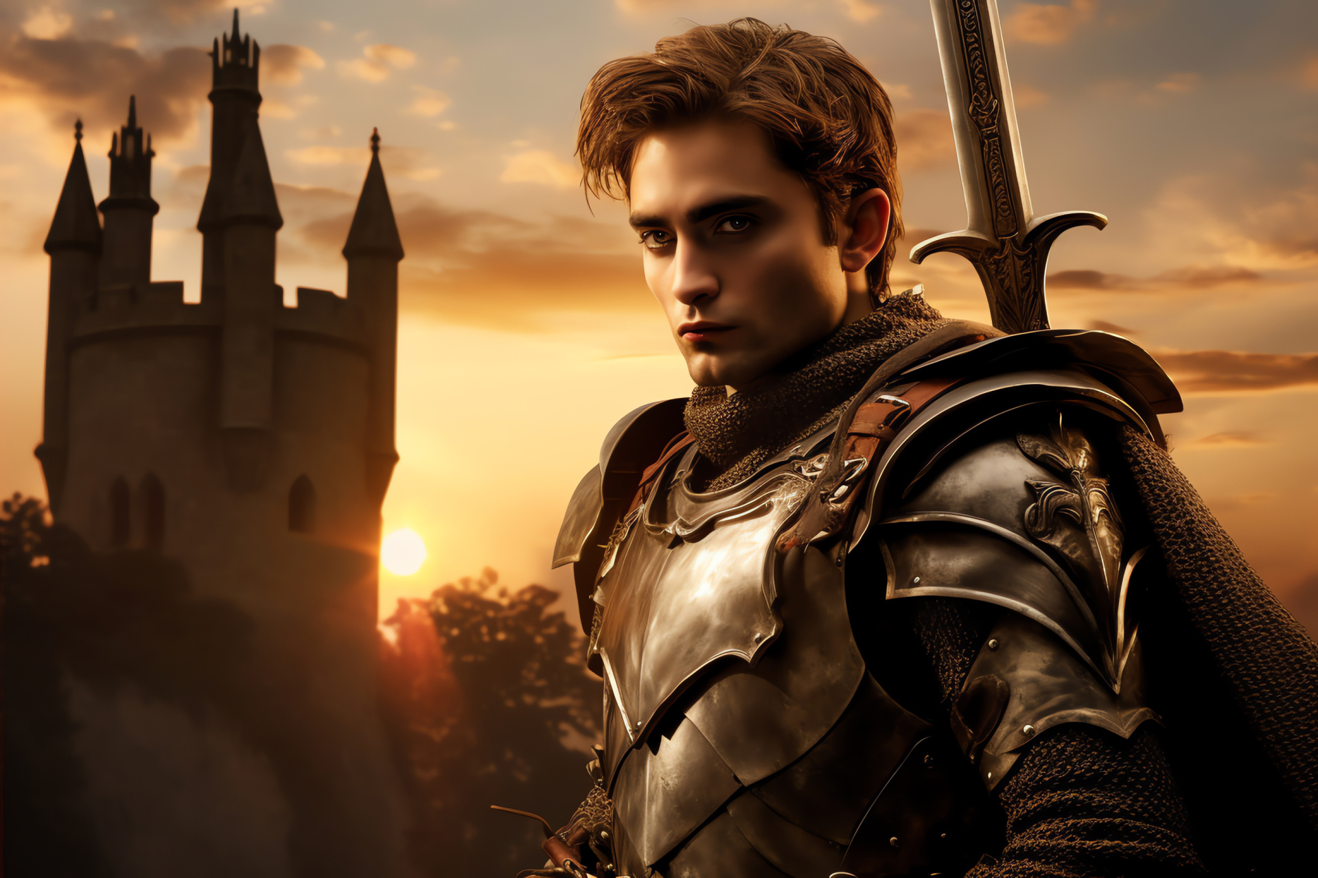 Medieval warrior, Historical film set, Castle stronghold, Cinematic twilight, Battle ready actor, HD Desktop Wallpaper