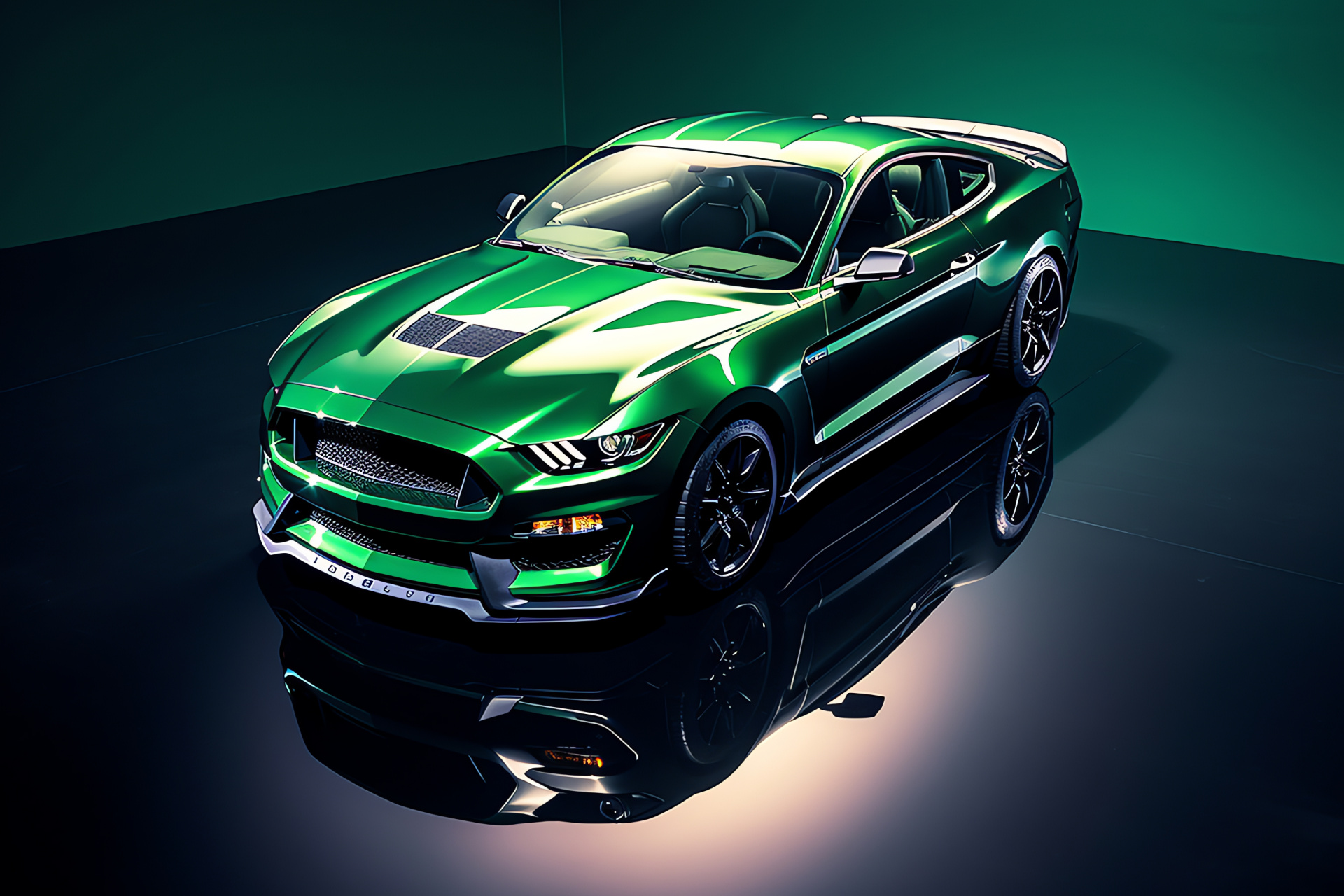 Mustang automobile, Verdant background, Elevated point of view, Performance showcase, Machine aesthetic, HD Desktop Image