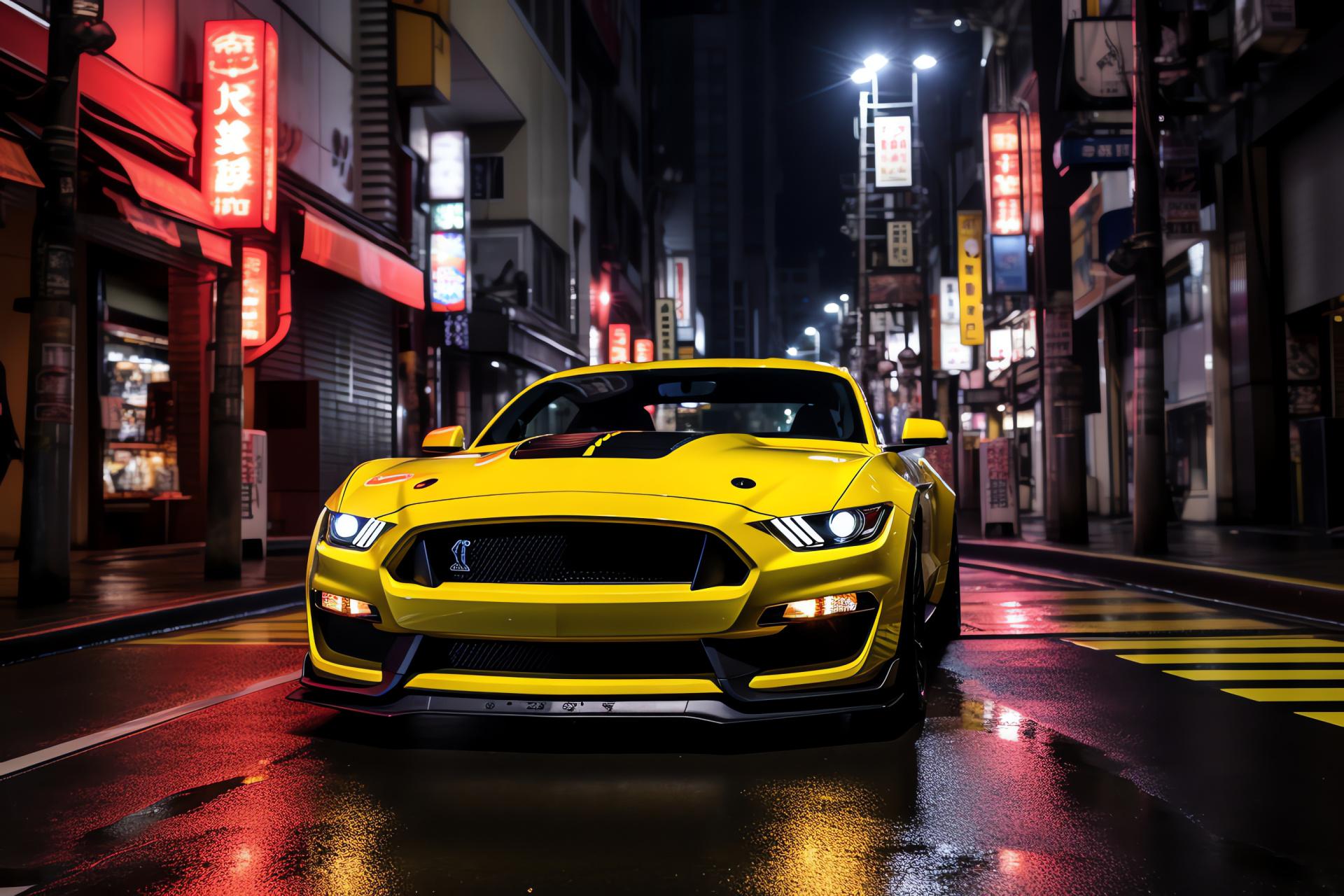 Mustang Mach 1, Tokyo's electric streets, Radiant automotive paint, Japanese neon glow, Performance nightlife, HD Desktop Image