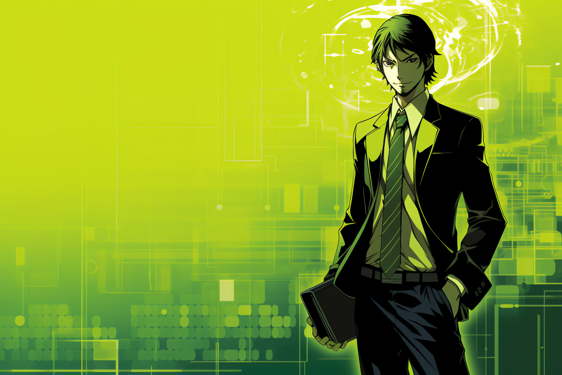 Persona 1 game, Character Kei Nanjo, Emerald green eyes, Persona series grin, Confident RPG character, HD Desktop Wallpaper