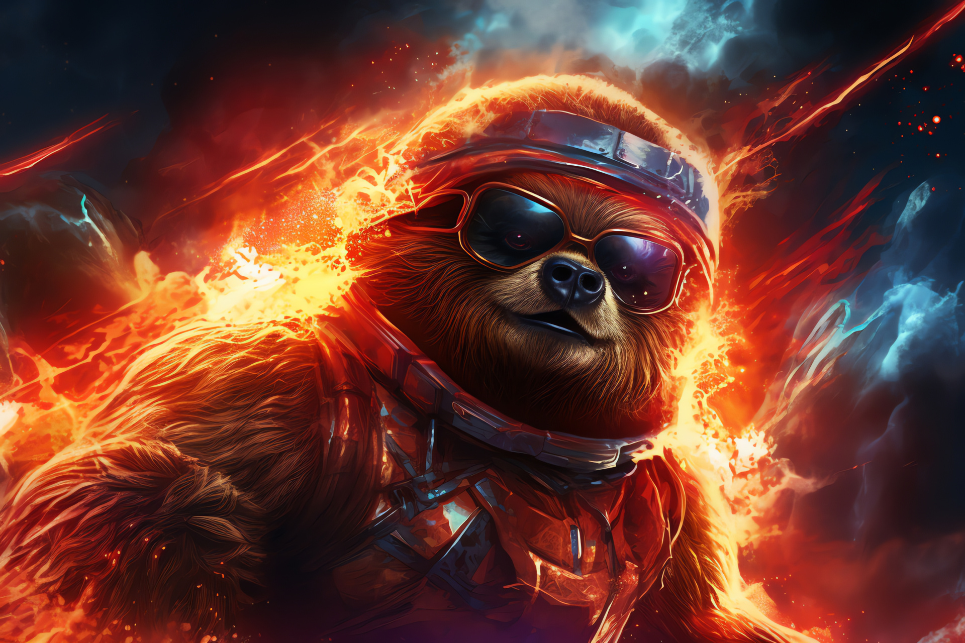 Inferno Space Sloth, Blaze pattern fur, Starburst features, Flaming gaze, Scorching cosmos, HD Desktop Image