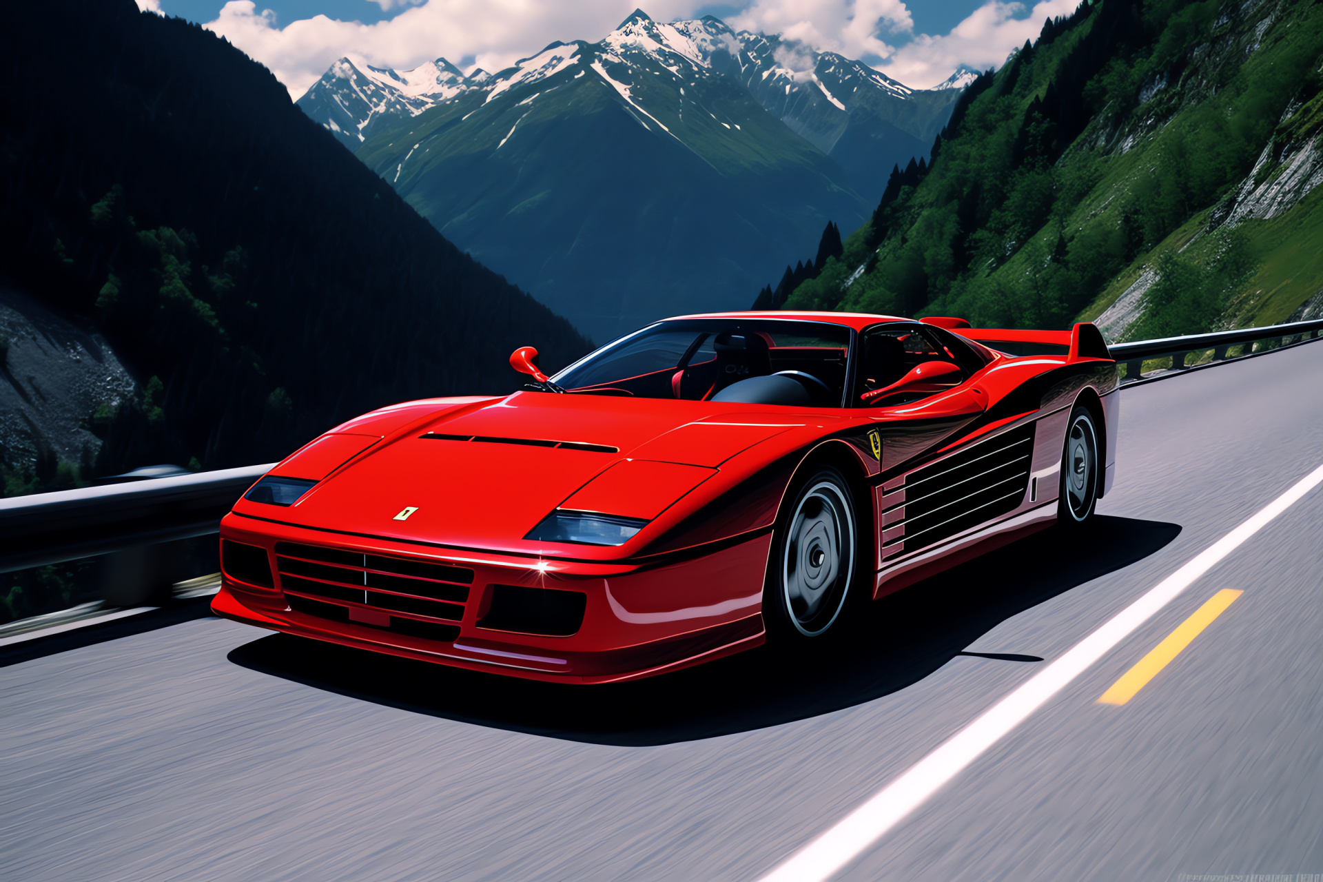 Ferrari Testarossa in Alps, Alpine road mastery, Green valleys backdrop, High-performance engine, Luxury car enthusiasts, HD Desktop Wallpaper