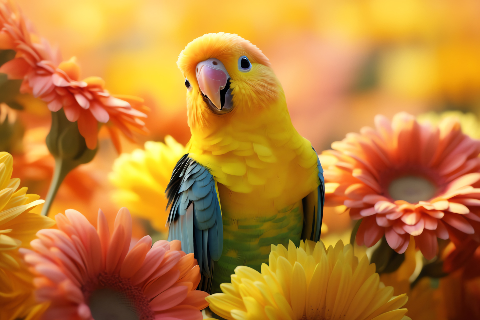 Parakeet, Bright avian plumage, Lively beak tone, Garden ecosystem, Botanical diversity, HD Desktop Image