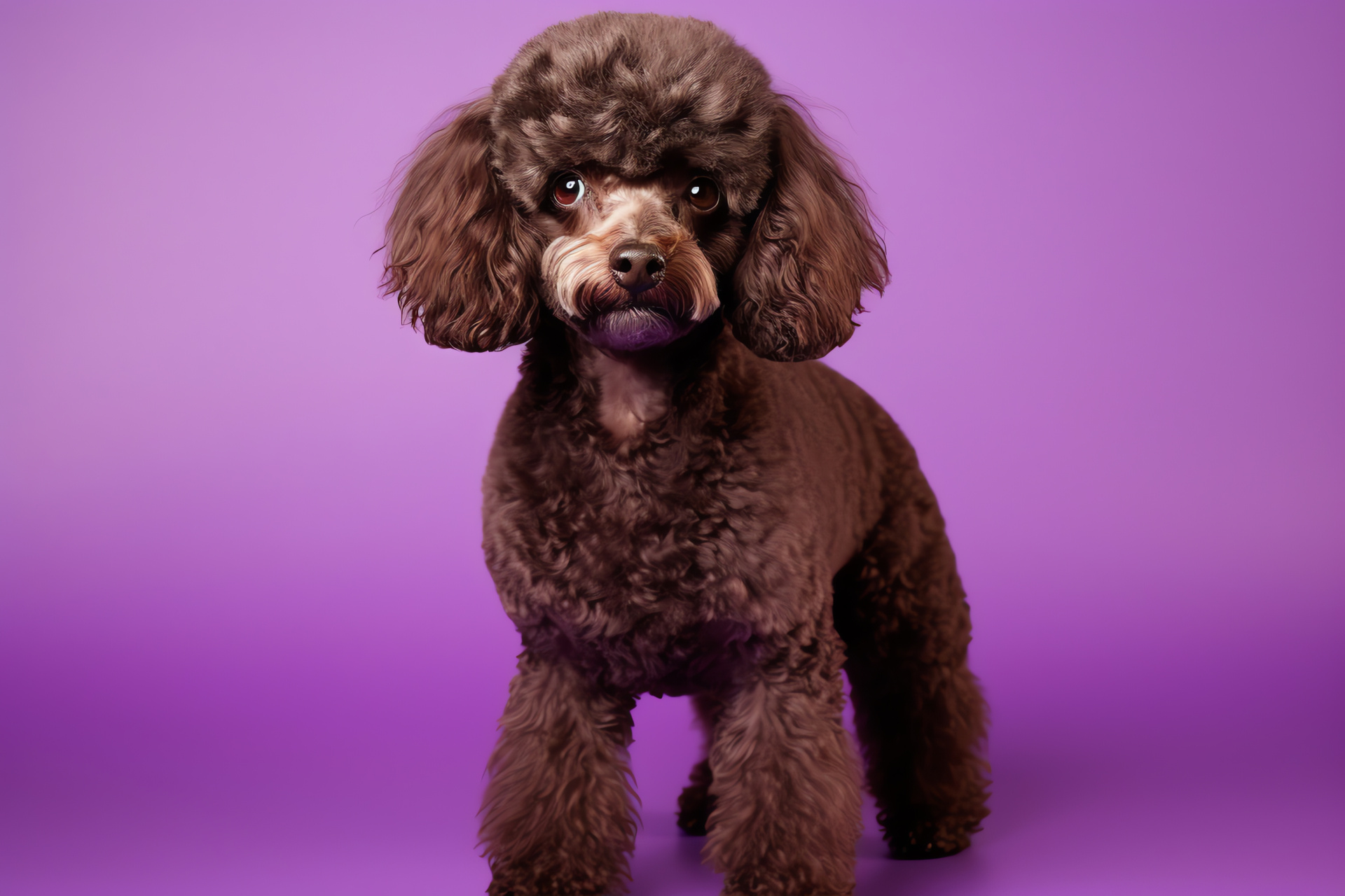 Poodle pet, brown coat, short curls, standing canine, purple background, HD Desktop Image