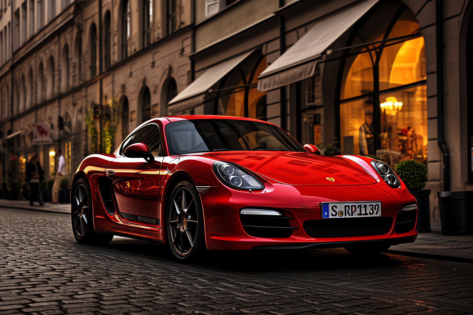 Vibrant city energy, Performance sports car, Red Cayman S model, Berlin streets, German engineering showcase, HD Desktop Wallpaper