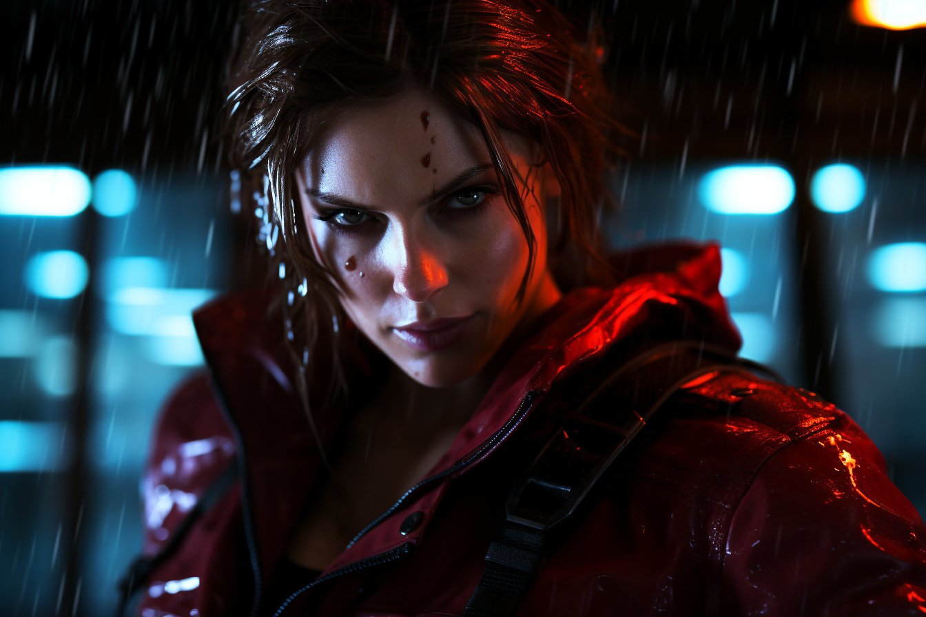 Claire Redfield night scene, Rain-drenched game, Post-apocalyptic Raccoon City, Survival horror plot, Gaming atmosphere, HD Desktop Wallpaper