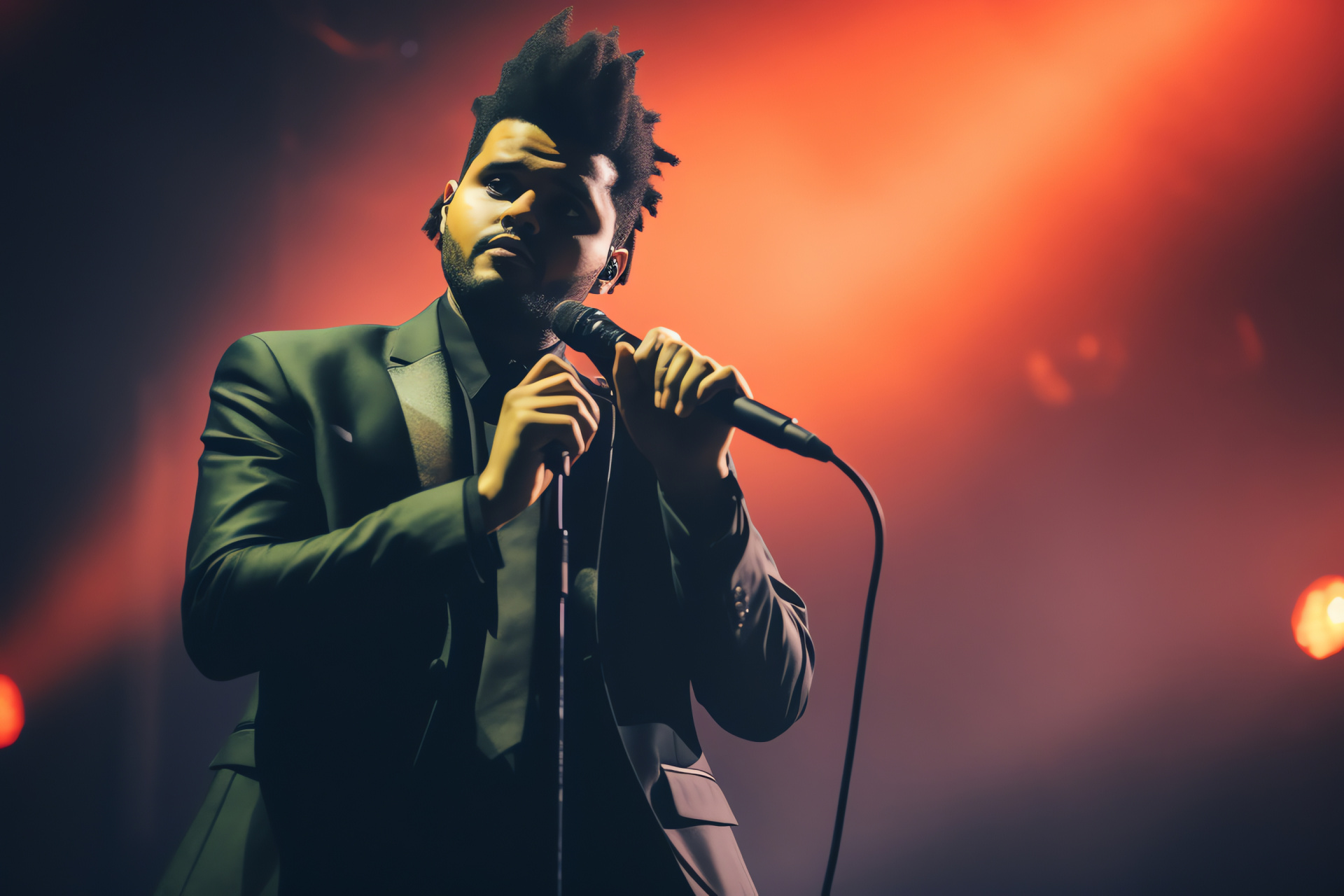The Weeknd stage moment, Performance attire, Musical entertainer, Pro audio equipment, Event atmosphere, HD Desktop Image