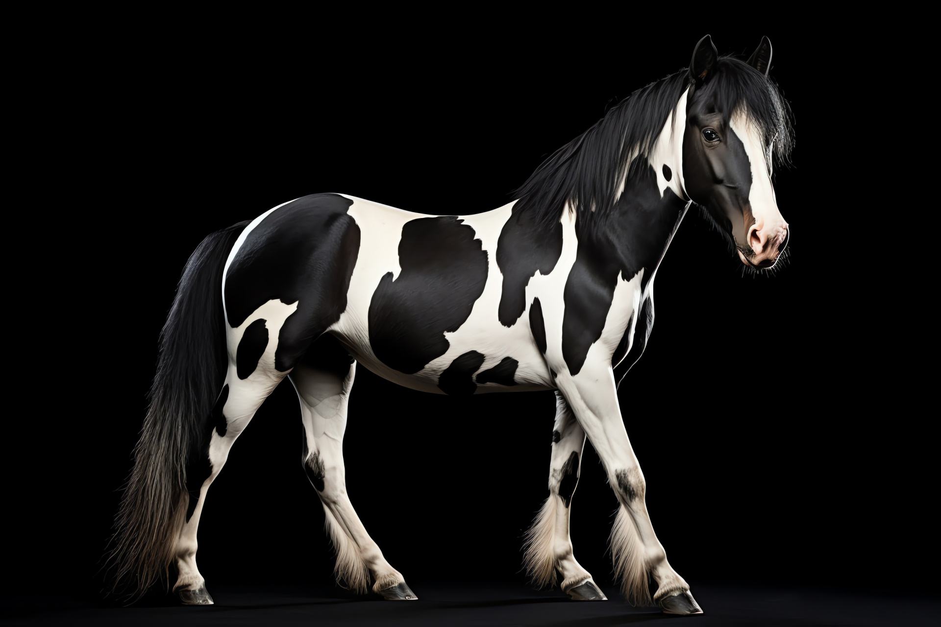 Pinto equine beauty, Piebald pony pattern, Equine full display, Pure black canvas, Striking horse contrast, HD Desktop Wallpaper