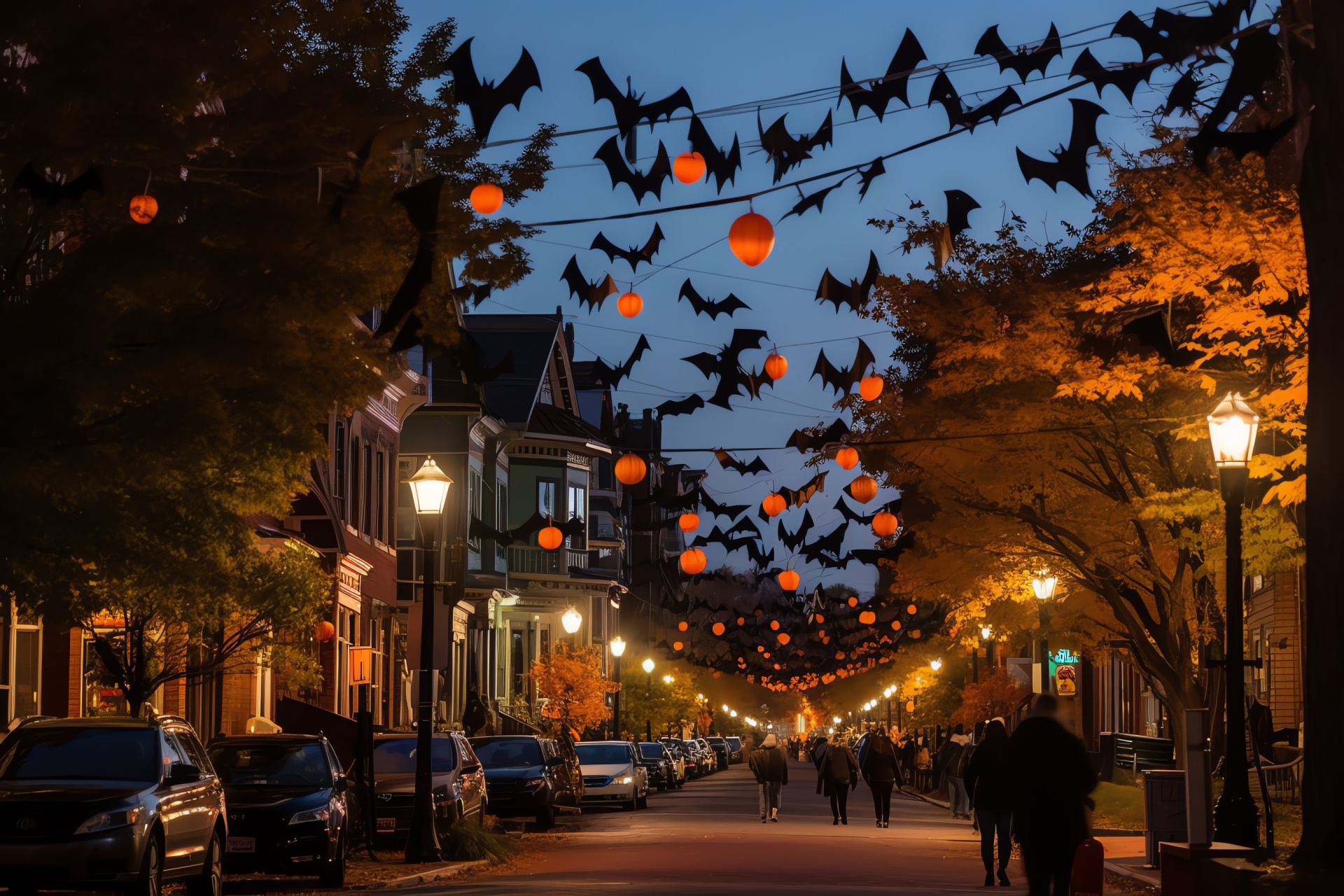 Salem Halloween charm, festive street scene, haunted decorations, holiday ghoulish display, spooky town ambiance, HD Desktop Image