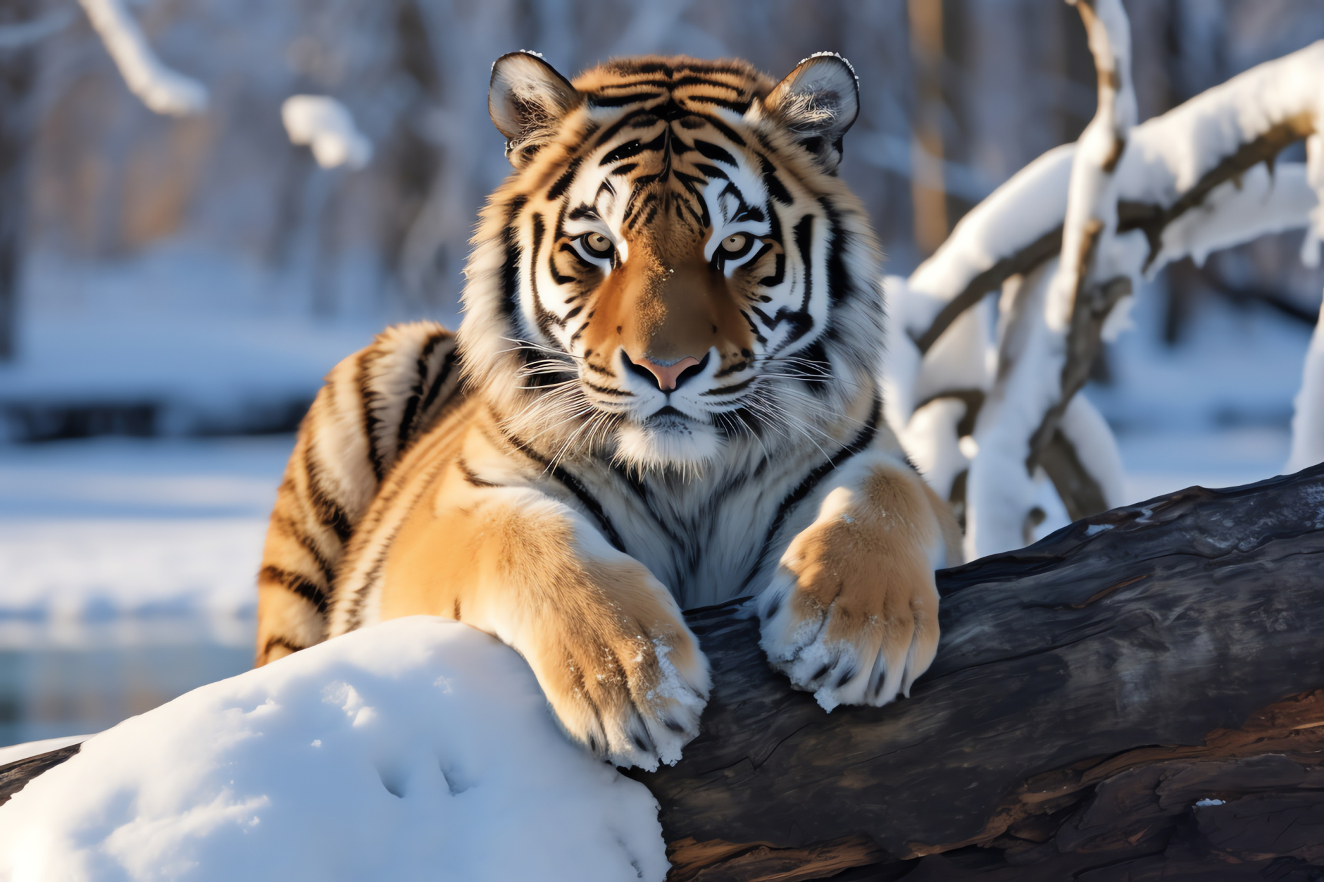 Amur tiger panorama, Siberian taiga habitat, Wildlife full stance, Snowbound presence, Russian frost landscape, HD Desktop Image