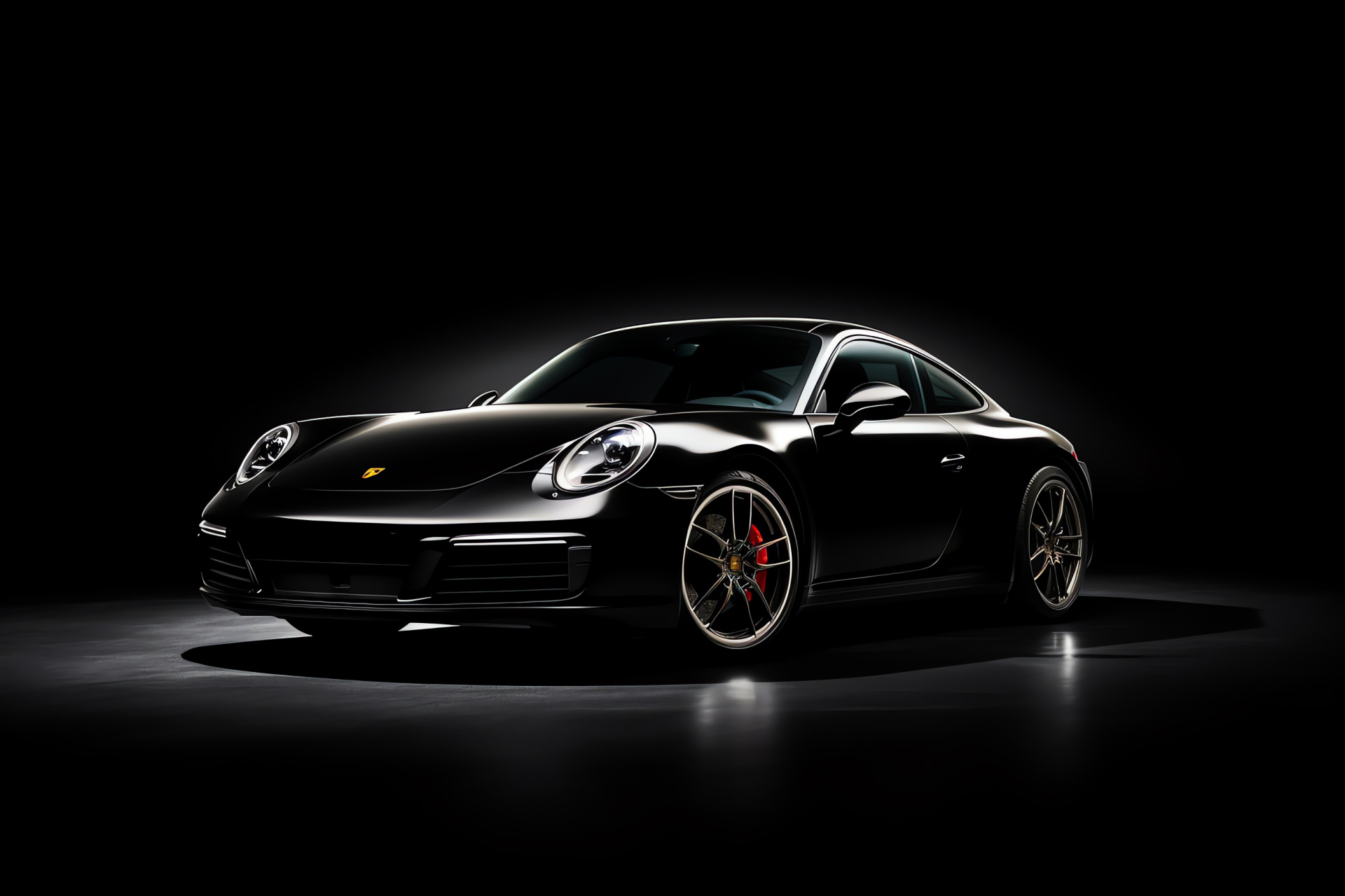 Classic Porsche 911 black, Dark monochrome setting, Overhead vehicle shot, Iconic sports car silhouette, Deep shadow casting, HD Desktop Image