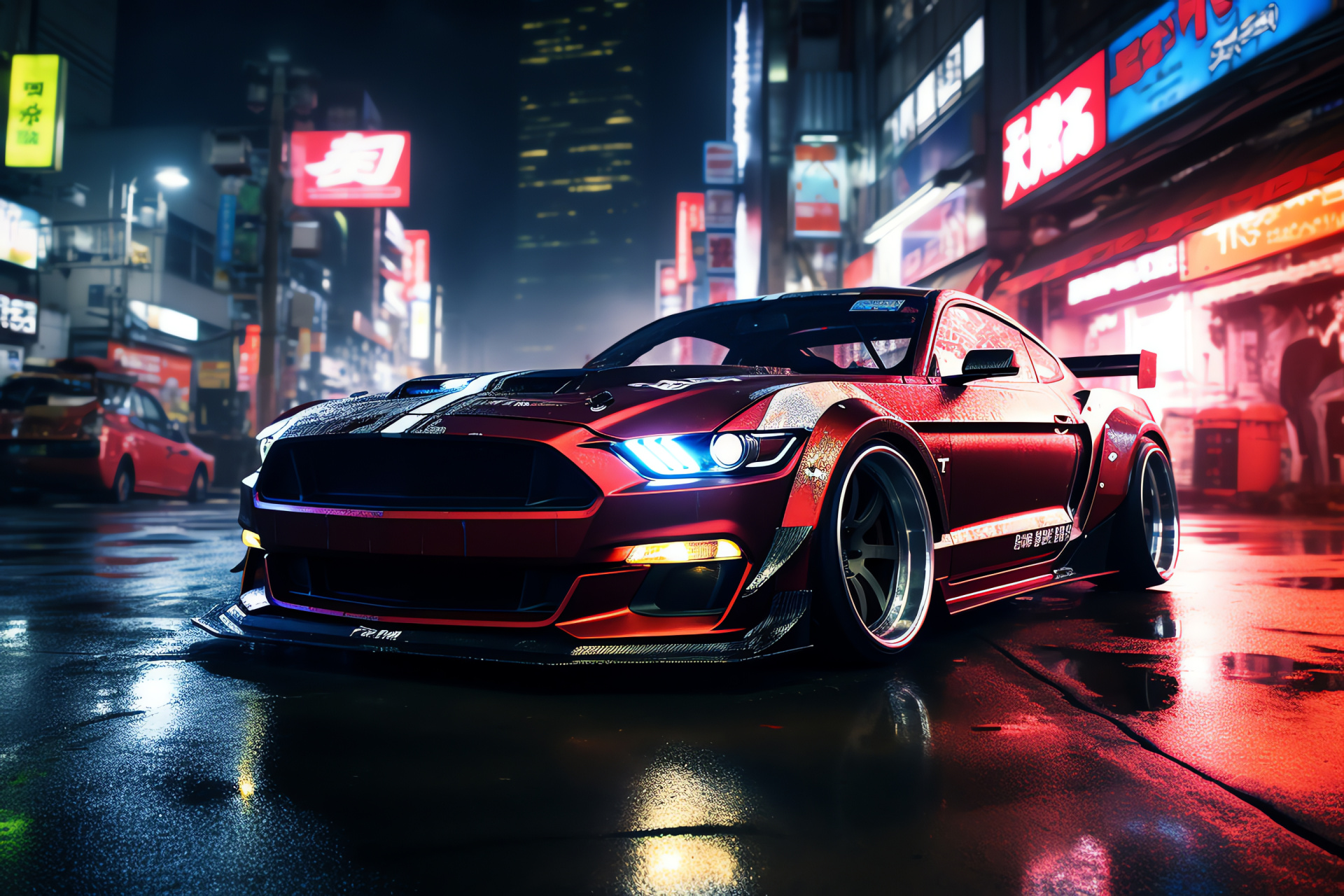 Drifting Mustang Tokyo, GT style night drive, Shibuya's electric mood, Tire marking precision, Luminous city velocity, HD Desktop Image