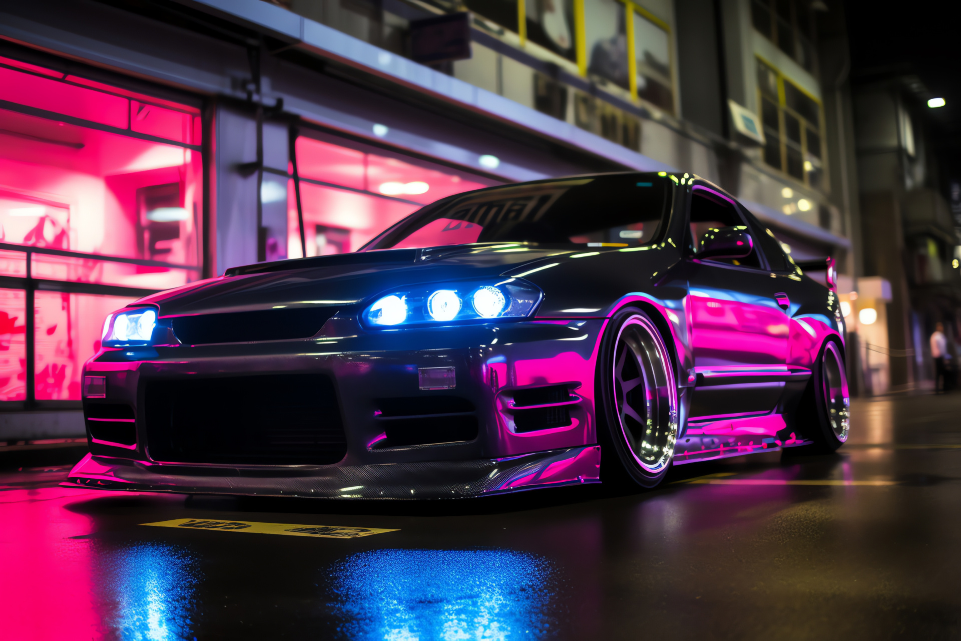 Customized slammed car, Tokyo drifting culture, performance mods, urban night racing, automotive lights, HD Desktop Image