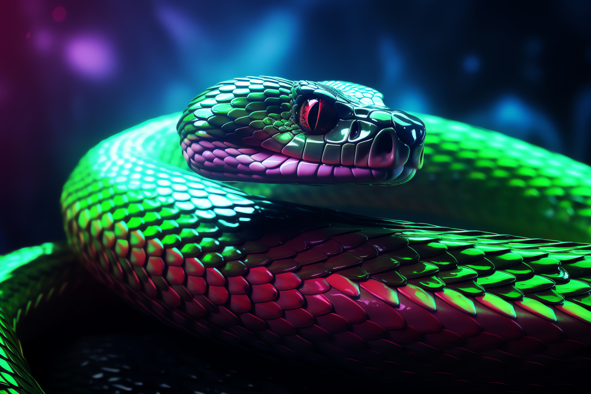 Neon Snake, Luminescent green texture, Serpentine movement, Artistic multi-hue backdrop, Radiant shine, HD Desktop Wallpaper