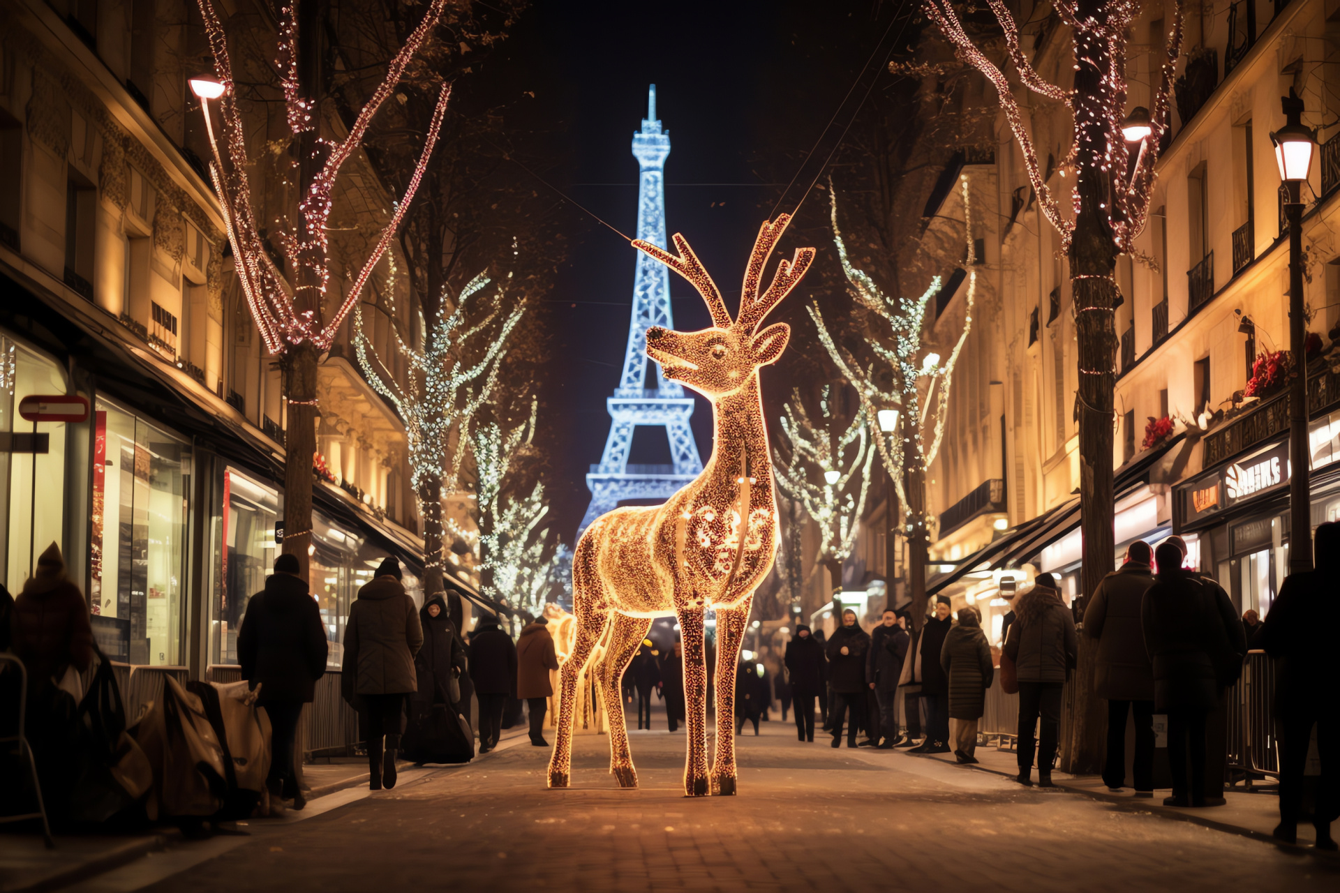 Rudolph over Paris, Red-Nosed icon near Eiffel, City of Lights charm, French metropolis twinkle, Festive reindeer sightings, HD Desktop Image