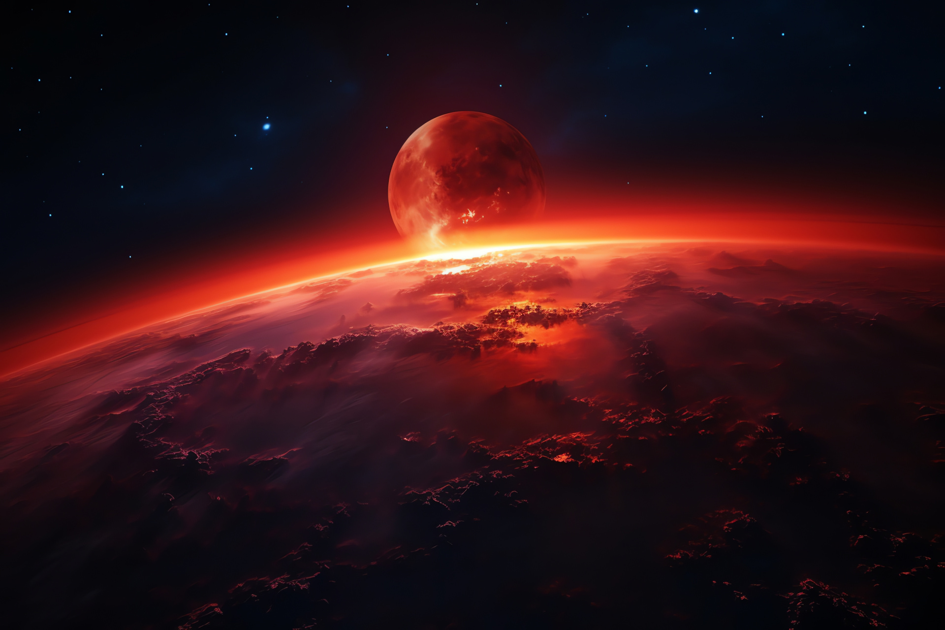 Stunning blood moon, fiery night sky, radiant lunar presence, mysterious cosmic glow, HD Desktop Wallpaper