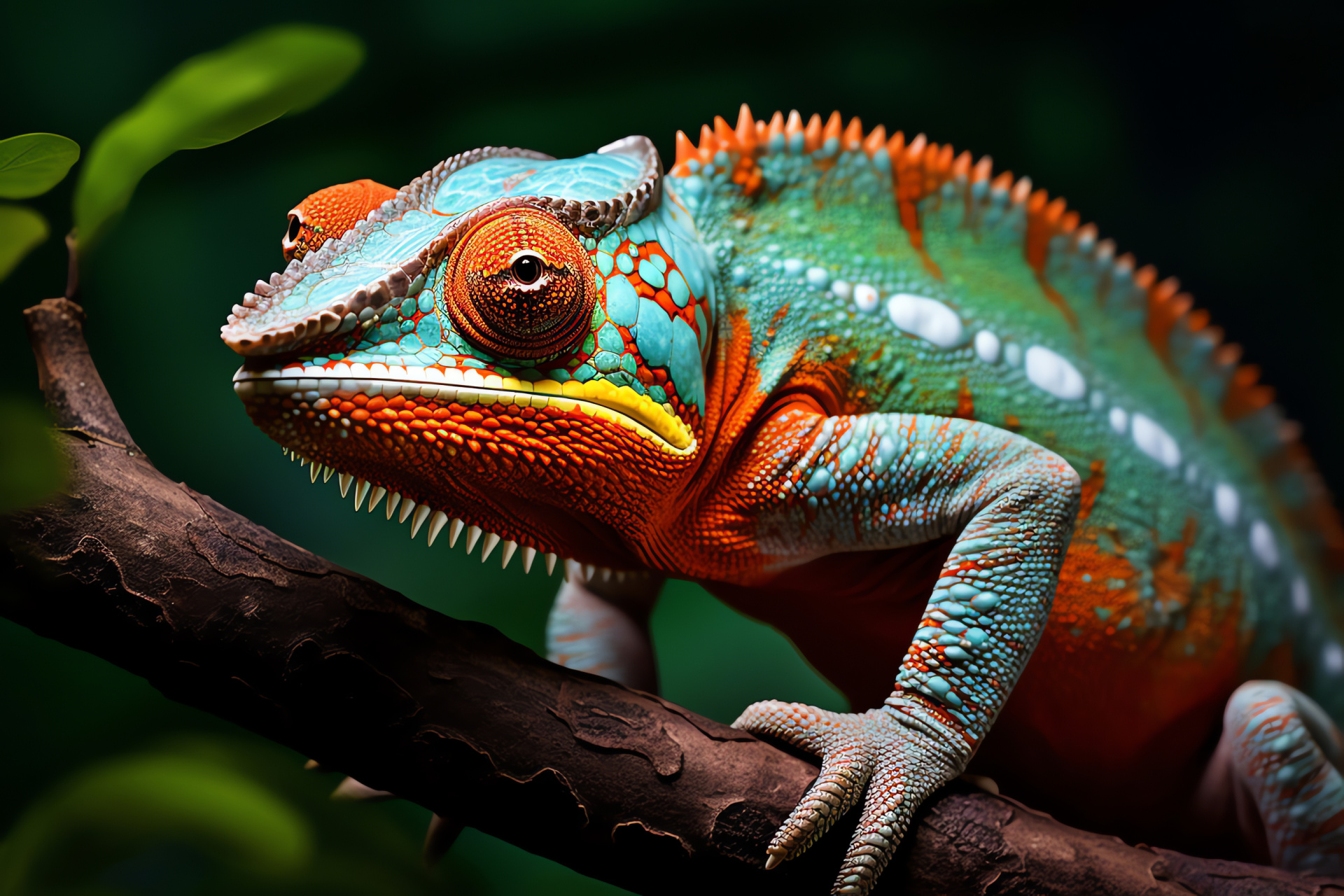 Veiled chameleon, cerulean orbs, kaleidoscopic hide, vibrant Central African jungle locale, HD Desktop Wallpaper