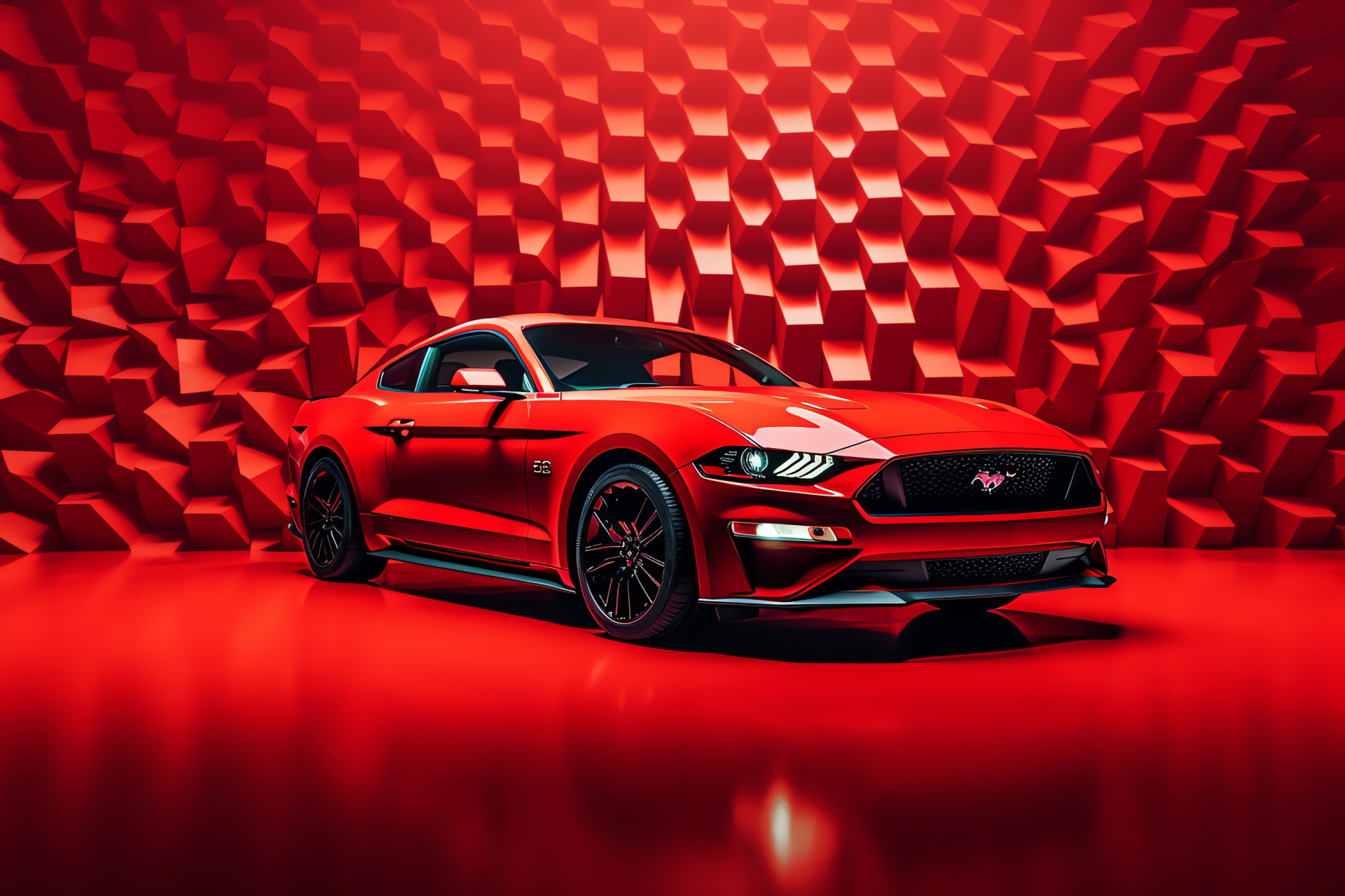 Bright red automotive, Vibrant Mustang HD, Bold automotive stance, High-impact vehicle presence, Monochromatic car showcase, HD Desktop Wallpaper