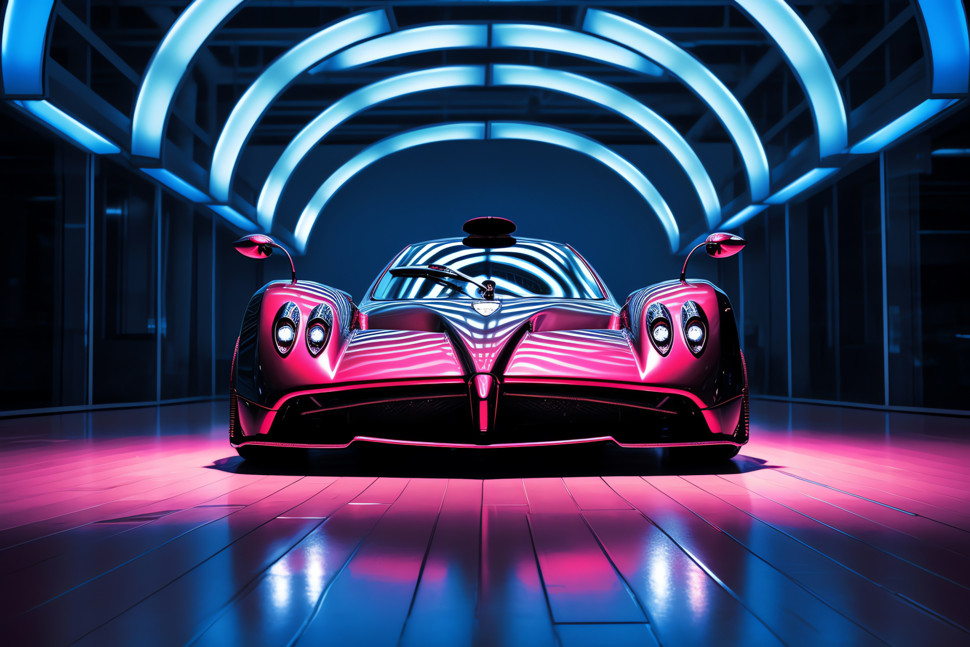 Pagani Zonda F, expanse scene, engaging landscape, gleaming crimson, lustrous illuminations, HD Desktop Image