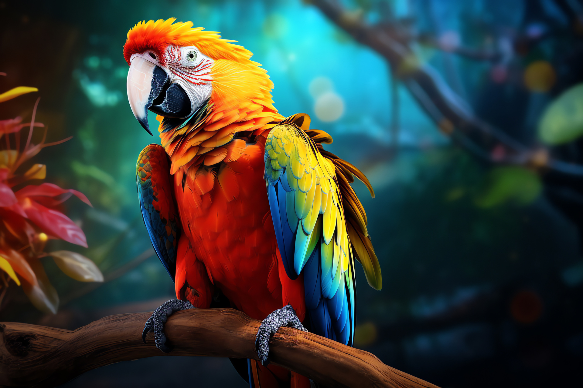 Tropical parrot perched, Avian rainbow feathers, Fauna greenery, Exotic bird, Flora surroundings, HD Desktop Wallpaper