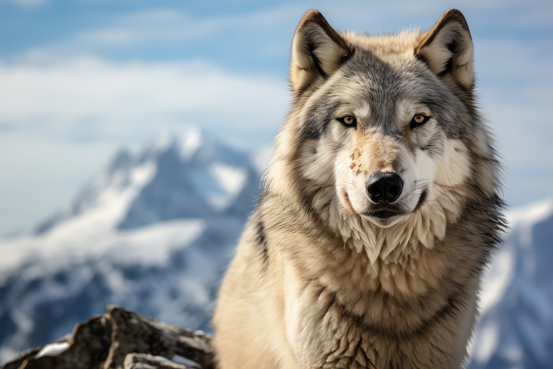 Alpha Wolf, piercing blue gaze, brown and silver fur, rugged alpine profile, HD Desktop Wallpaper