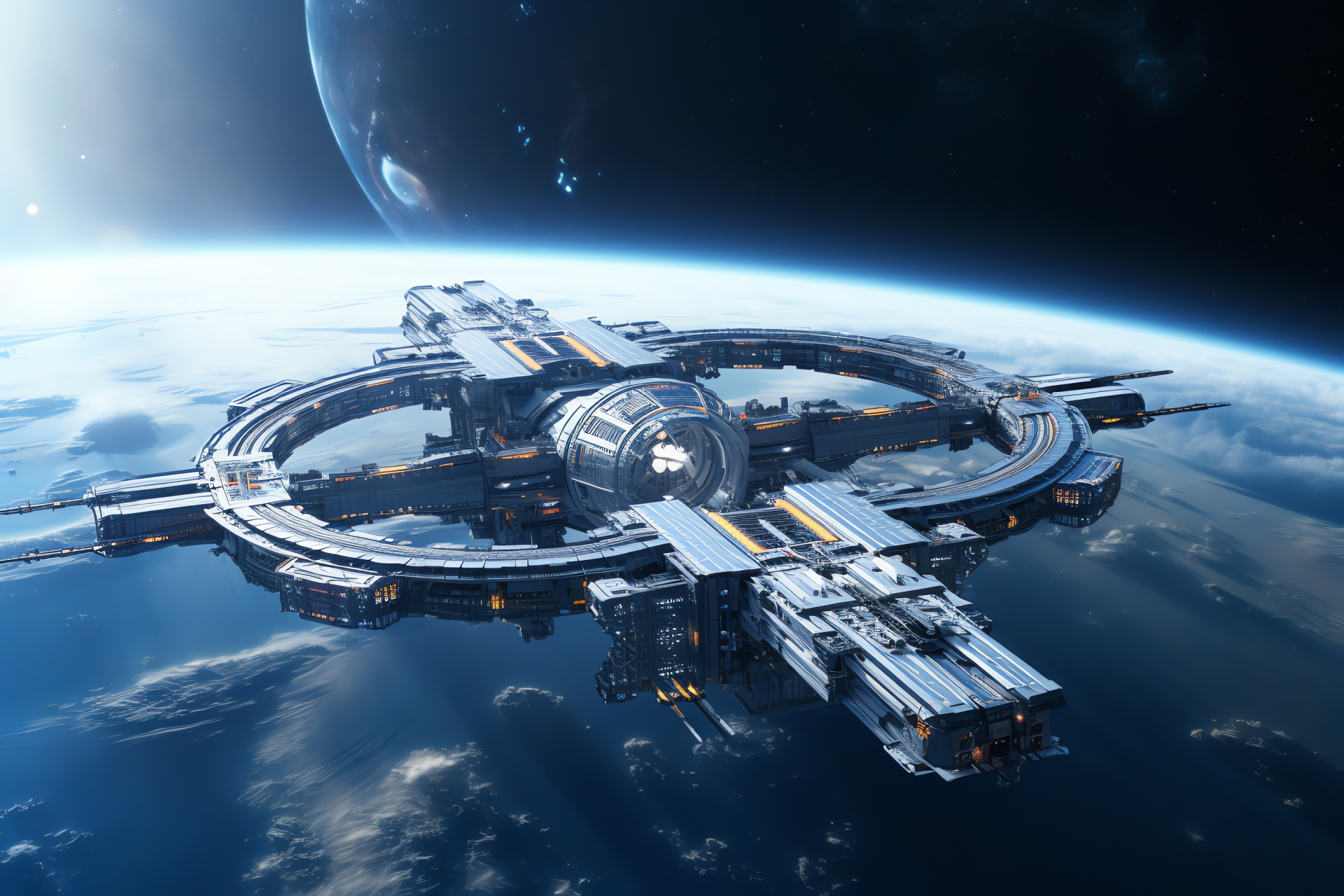 Extraterrestrial outpost, Solar power generation, Space habitation, Deep space scene, Advanced platform, HD Desktop Image