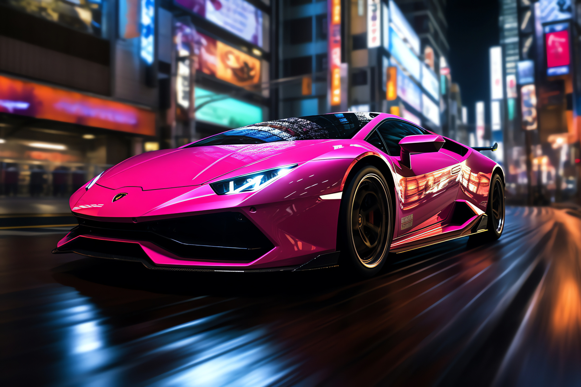 Cosmopolitan Pink Cars, Lamborghini night drive, Tokyo street lights, Urban intersection fame, Shibuya district, HD Desktop Image