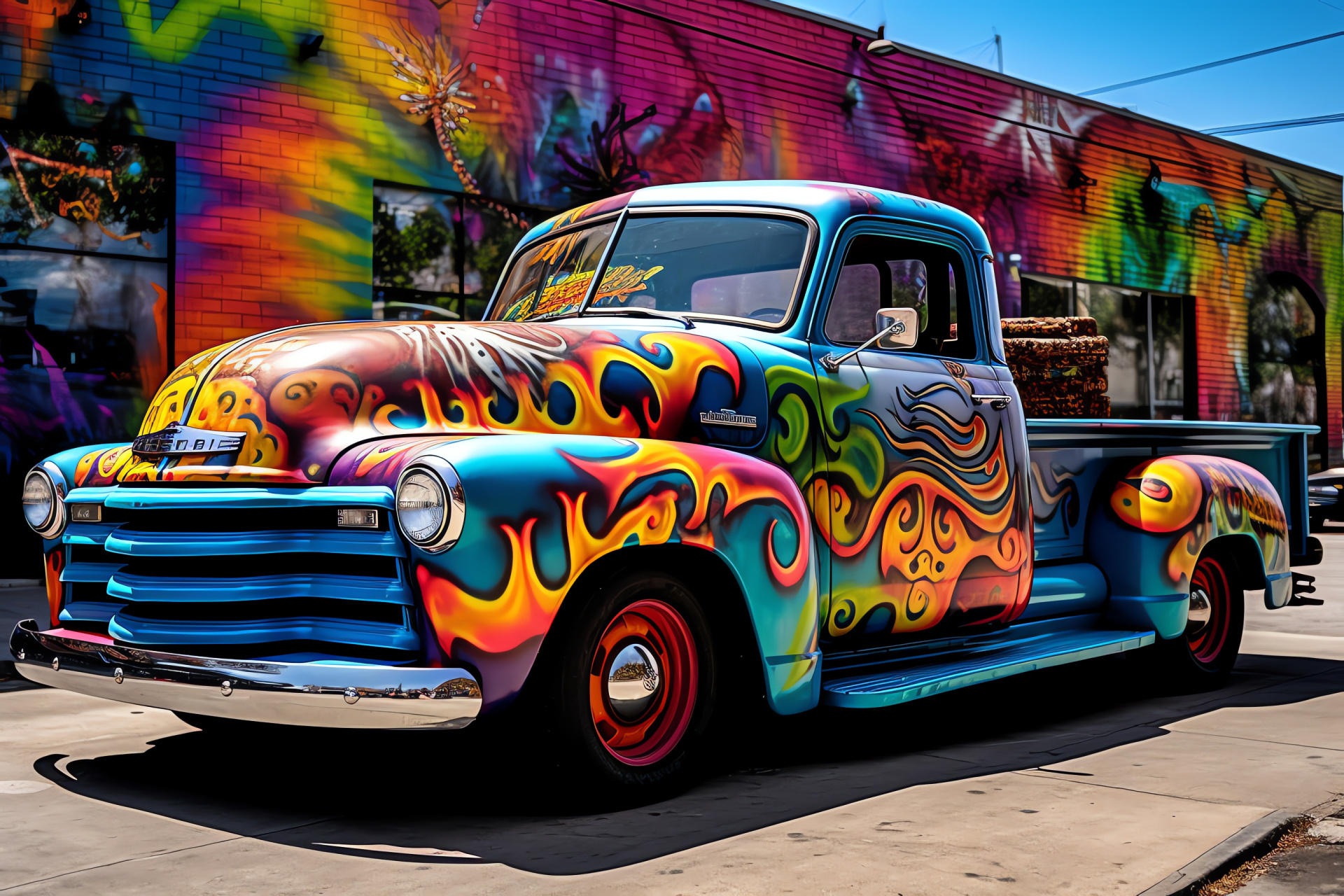 Restored Chevy truck, Mobile creativity, Urban art scene, Cultural mural display, Graffiti showcase, HD Desktop Wallpaper