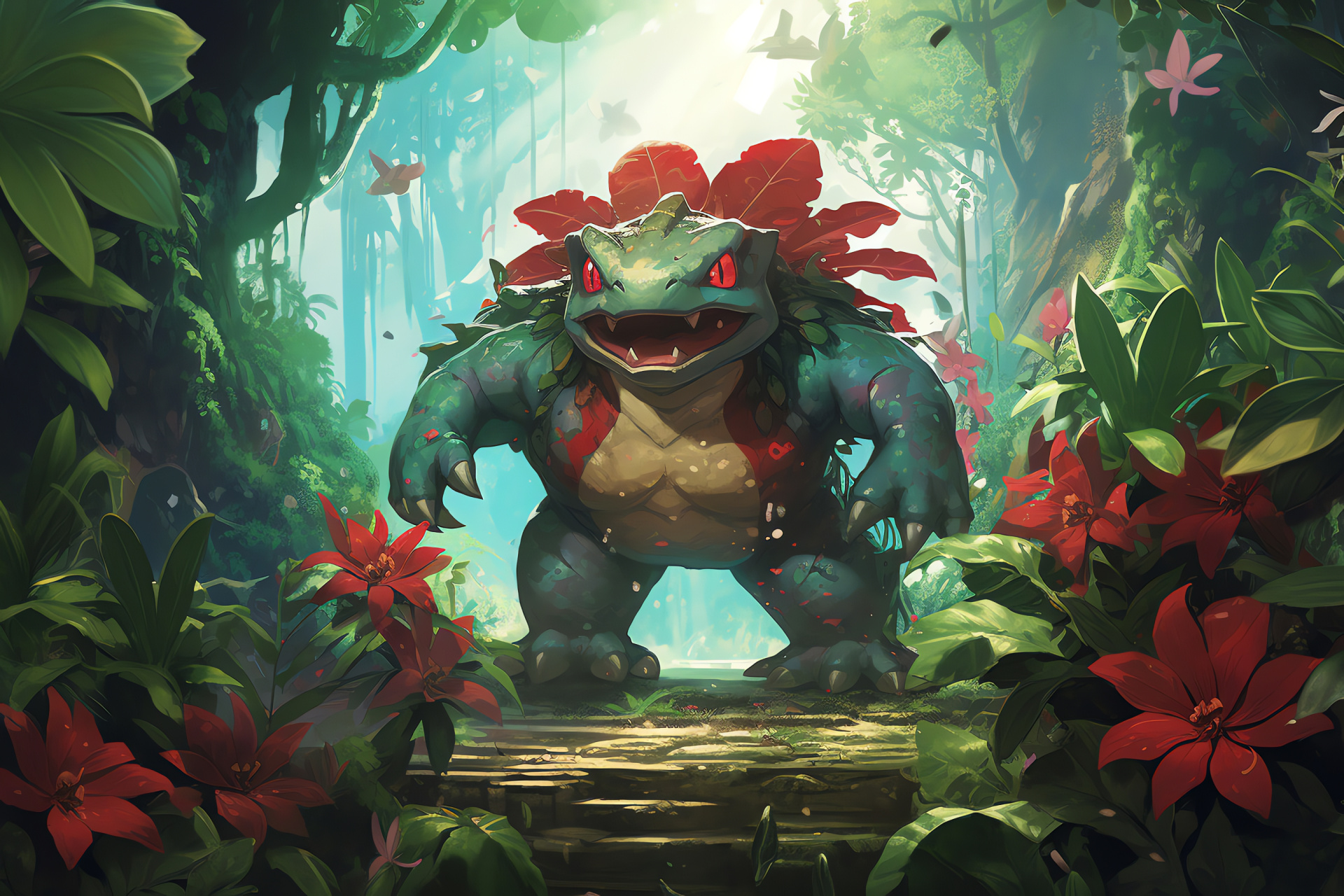 Mega Venusaur jungle, gaming evolution, verdant habitat, botanical animation, digital realm, HD Desktop Wallpaper