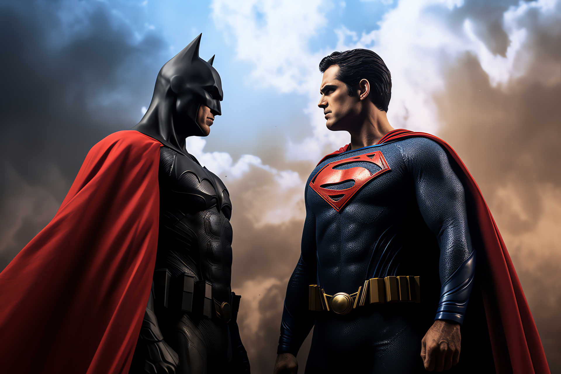 Superman beside Batman, Comic book heroes, Defender stance, Heroic determination, Watchful guardians, HD Desktop Image