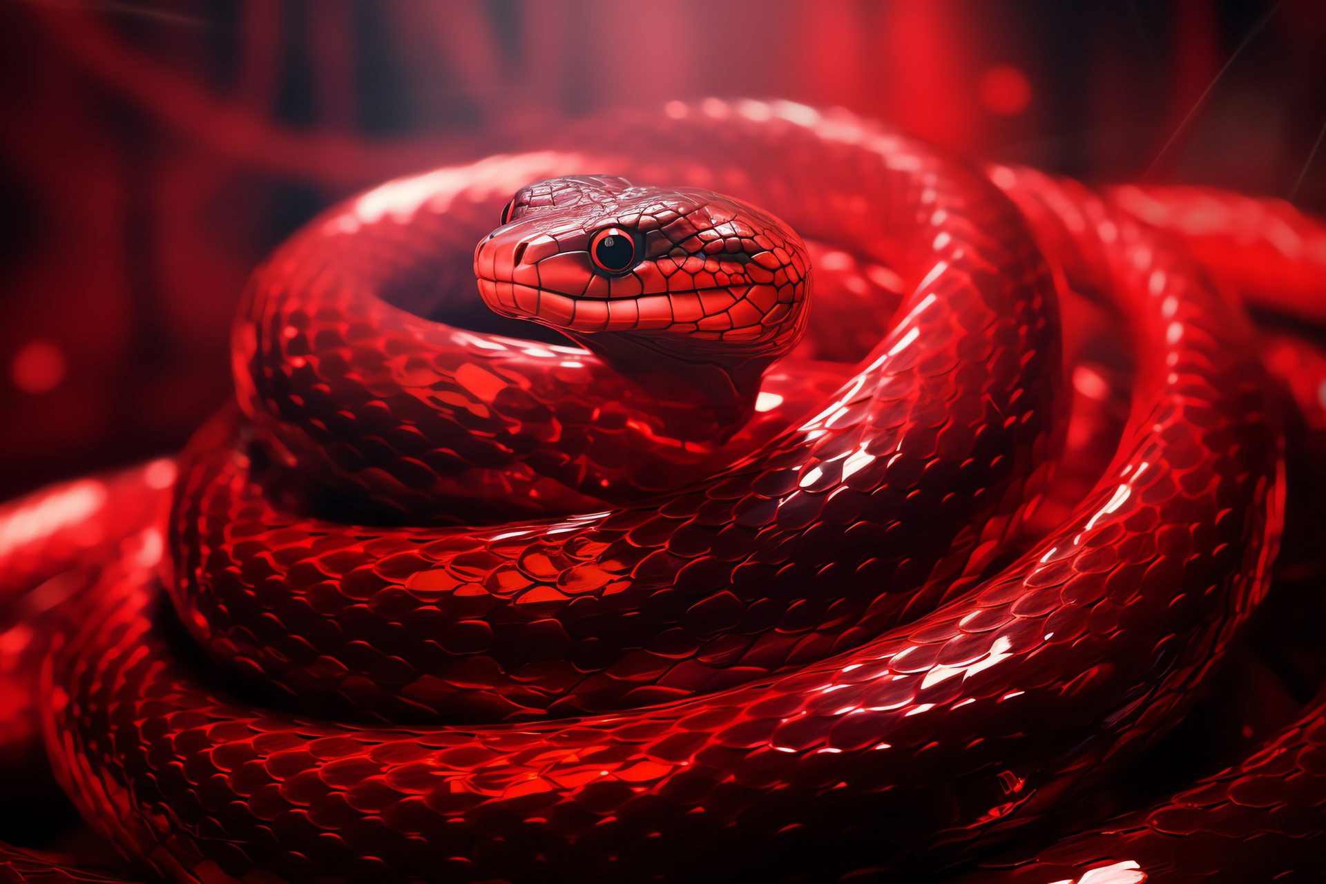 Coiled Rattlesnake, Iridescent glow, Intense scarlet, Serpentine spiral, Theatrical presence, HD Desktop Image