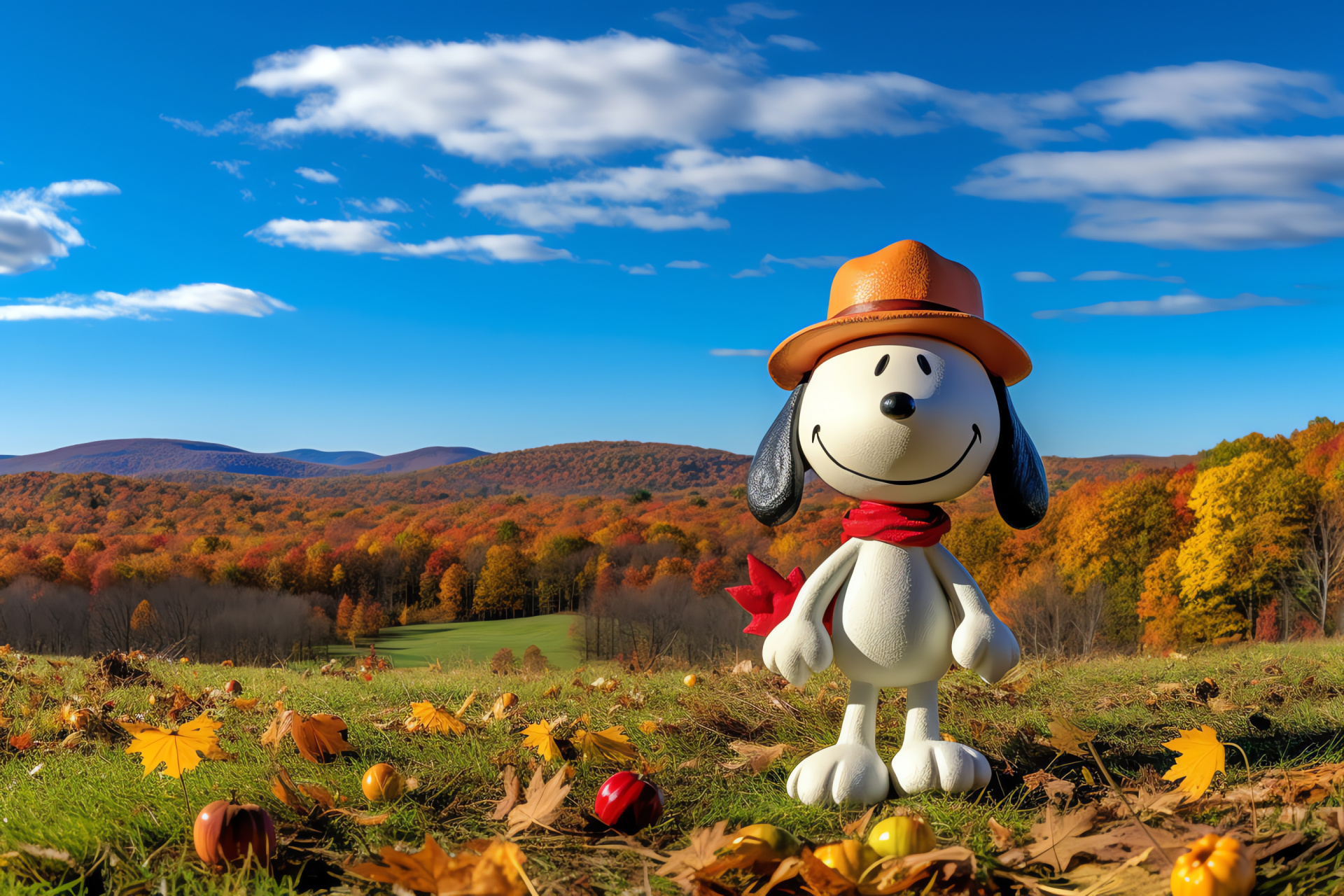 Snoopy scenic holiday, Woodstock duo, Autumn occasion, Idyllic grassland, Thanksgiving theme, HD Desktop Wallpaper