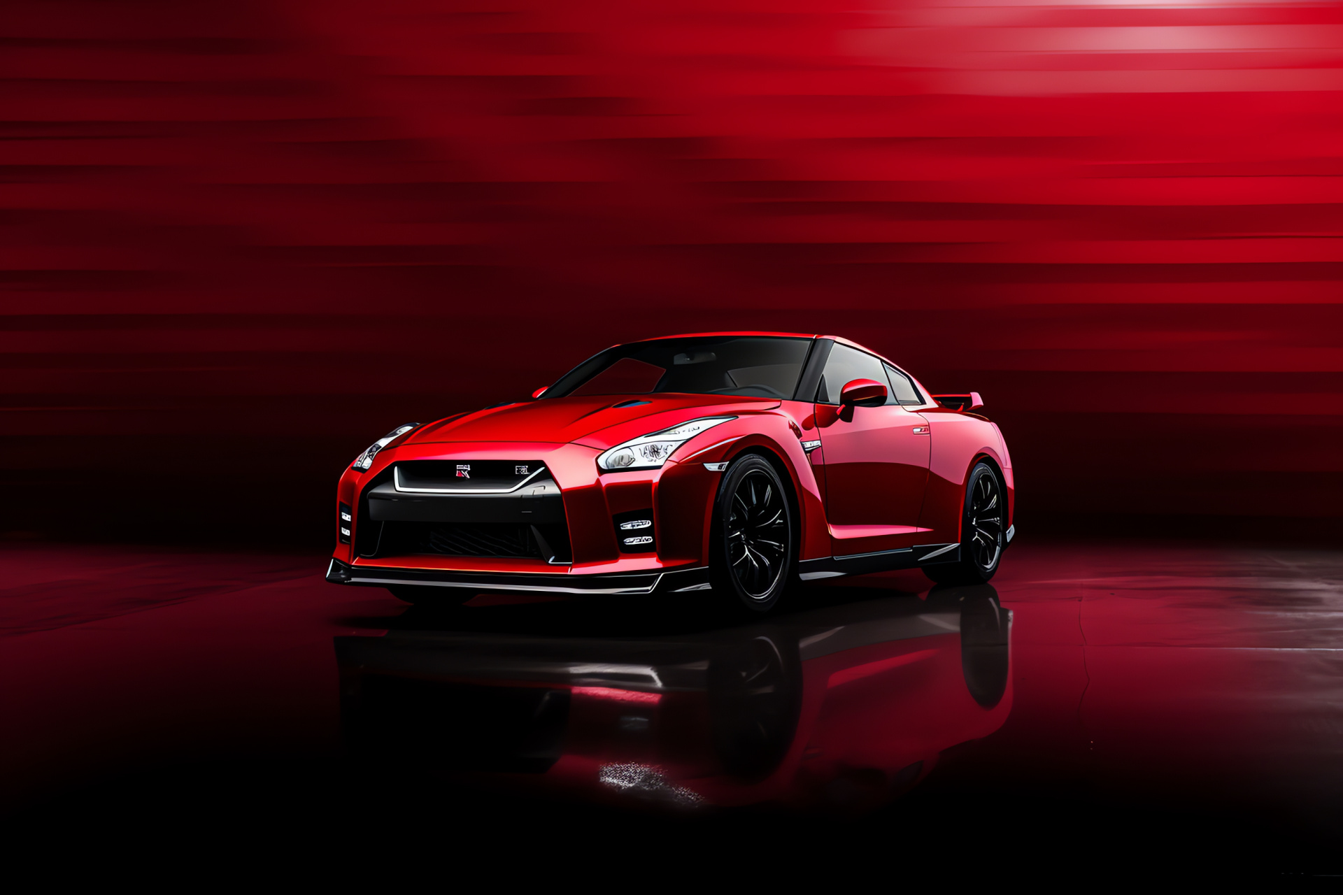 Nissan GTR HD, Intense red car exterior, Full-width visual impact, Performance automobile emphasis, Powerful stance representation, HD Desktop Image