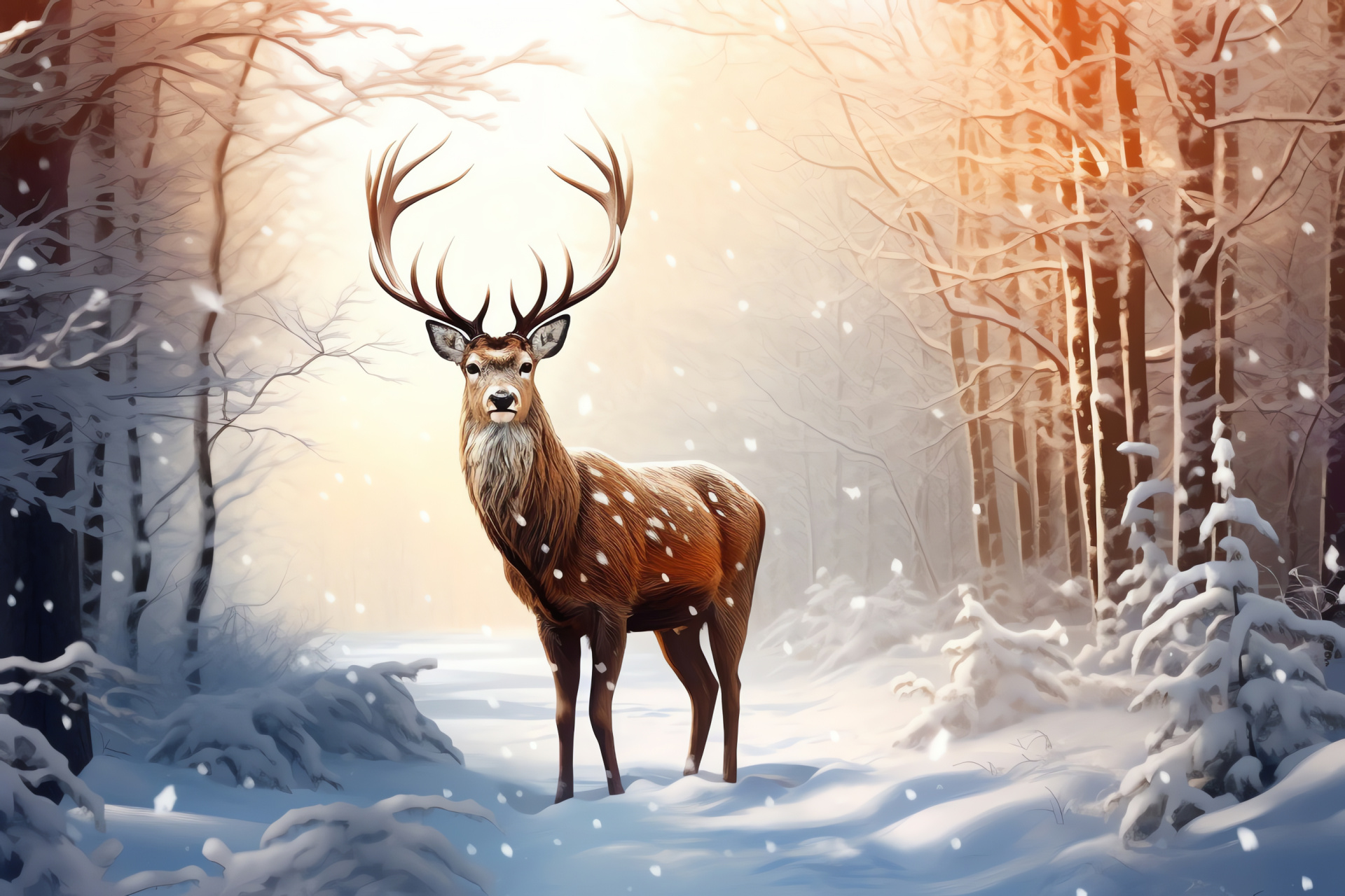 Winter forest deer, Antlered ruminant, Tawny coat camouflage, Ungulate in snowfall, Serene nature scene, HD Desktop Wallpaper