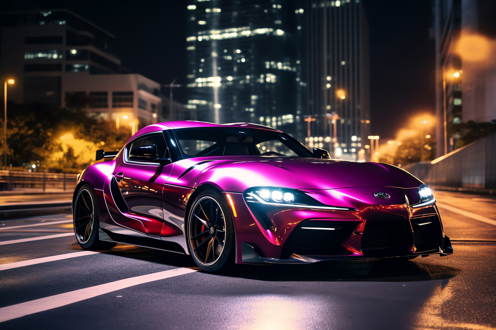 Toyota Supra city nightlife, Urban exploration, City lights reflection, Evening motorsports, Metropolitan streets, HD Desktop Image