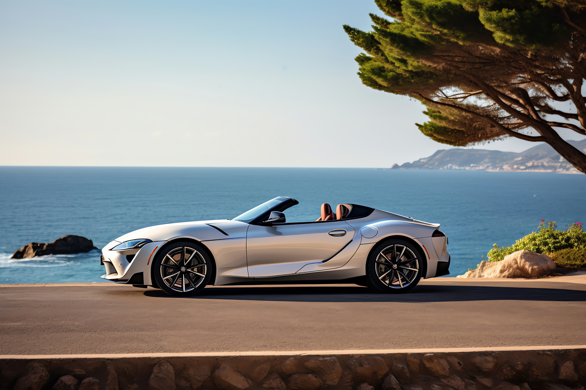 Toyota Supra GR A90, Open-top driving, Scenic marine route, Luxury roadster, Seaside journey, HD Desktop Image