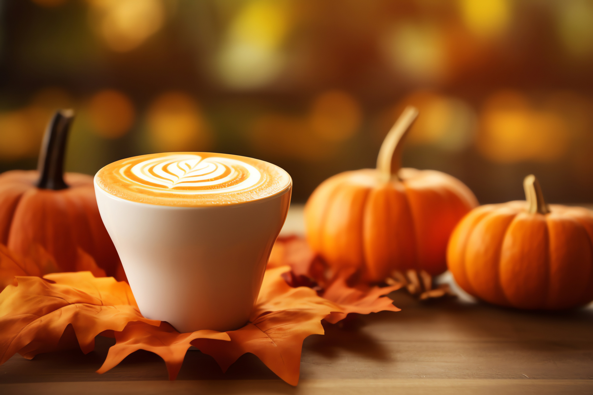 Pumpkin spice beverage, Cozy autumn drink, Seasonal latte presentation, Fall leaves decor, Warm coffee moment, HD Desktop Image