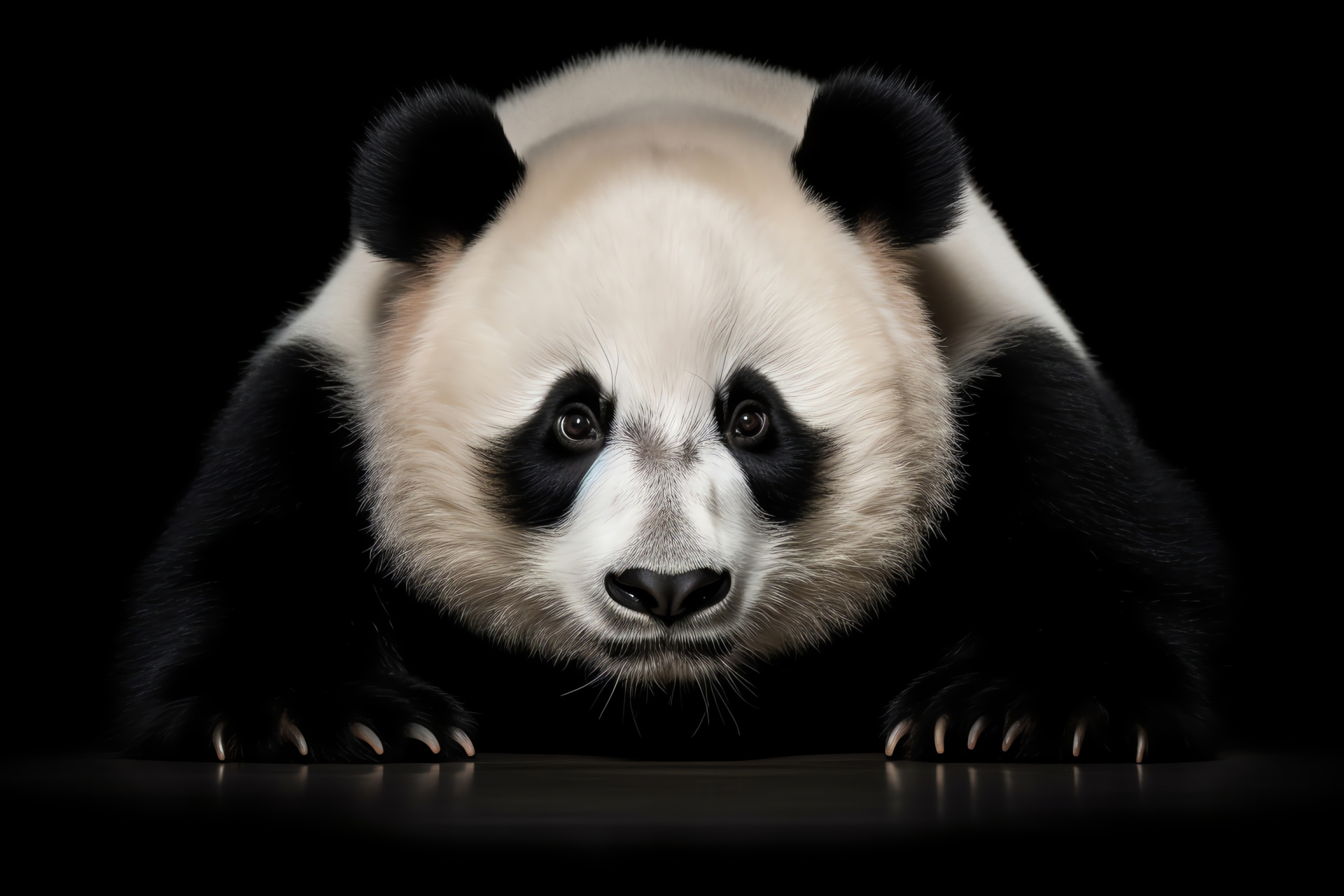 Panda, silver hue, fur detail, dark backdrop, piercing gaze, HD Desktop Image