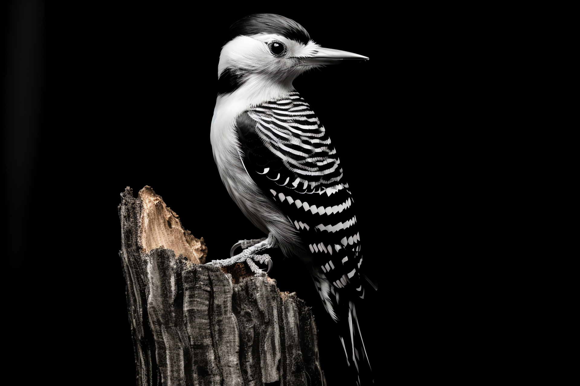 Woodpecker profile, Avian stripes, Nature photography, Bird contrast, Stark feathered pattern, HD Desktop Image